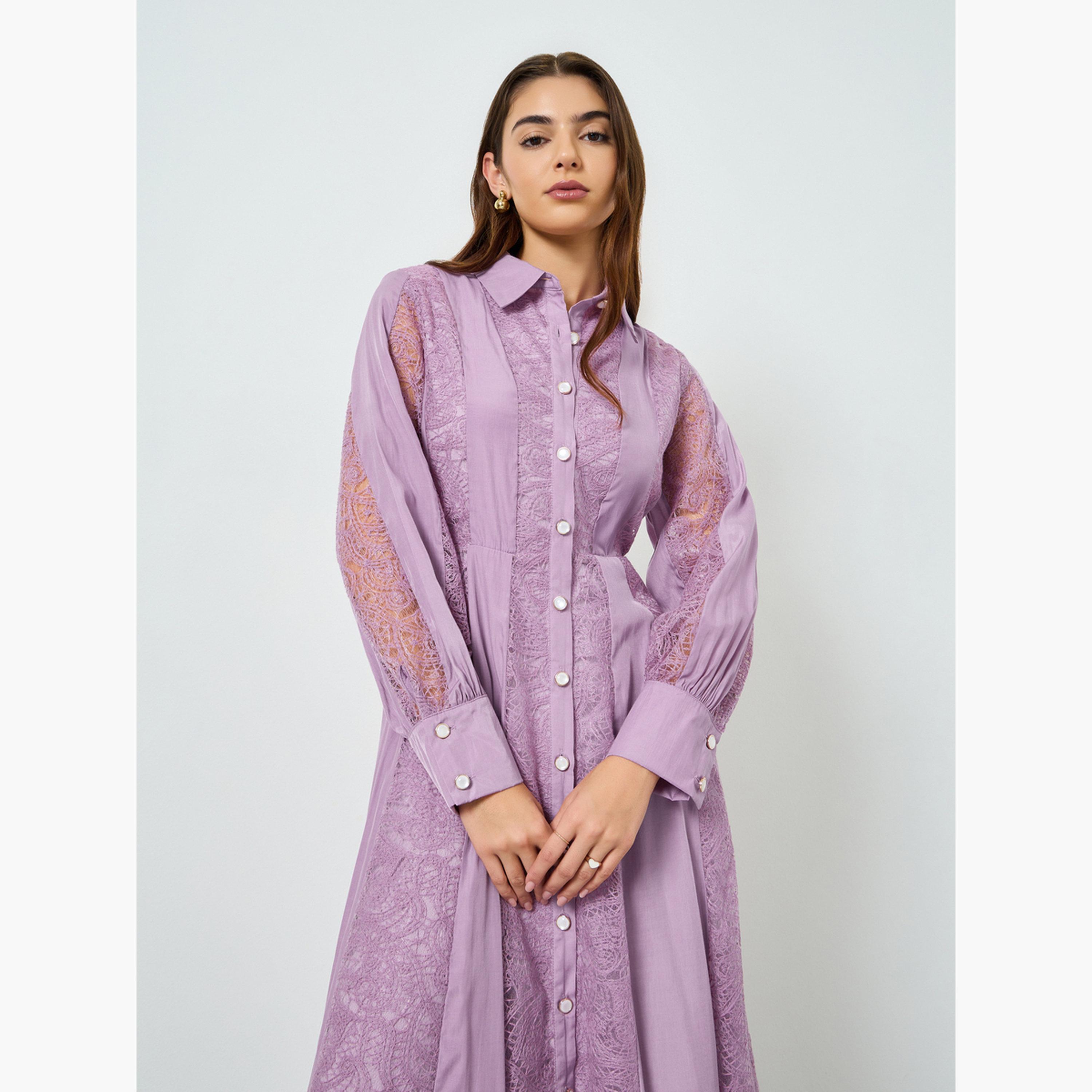 فستان ميدي بتصميم قميص وأكمام بأساور للنساء-women-clothing-dresses-image-2