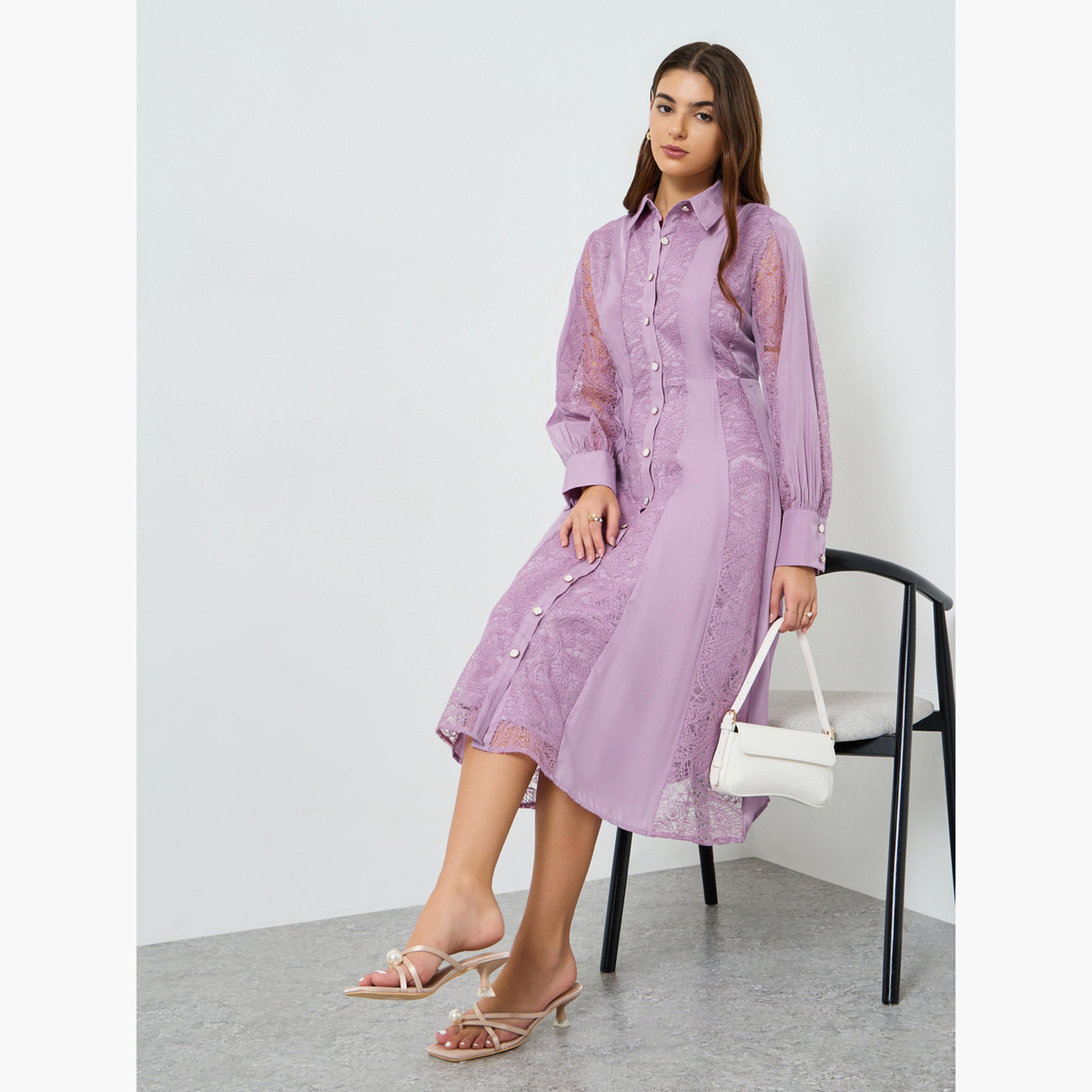 فستان ميدي بتصميم قميص وأكمام بأساور للنساء-women-clothing-dresses-image-3