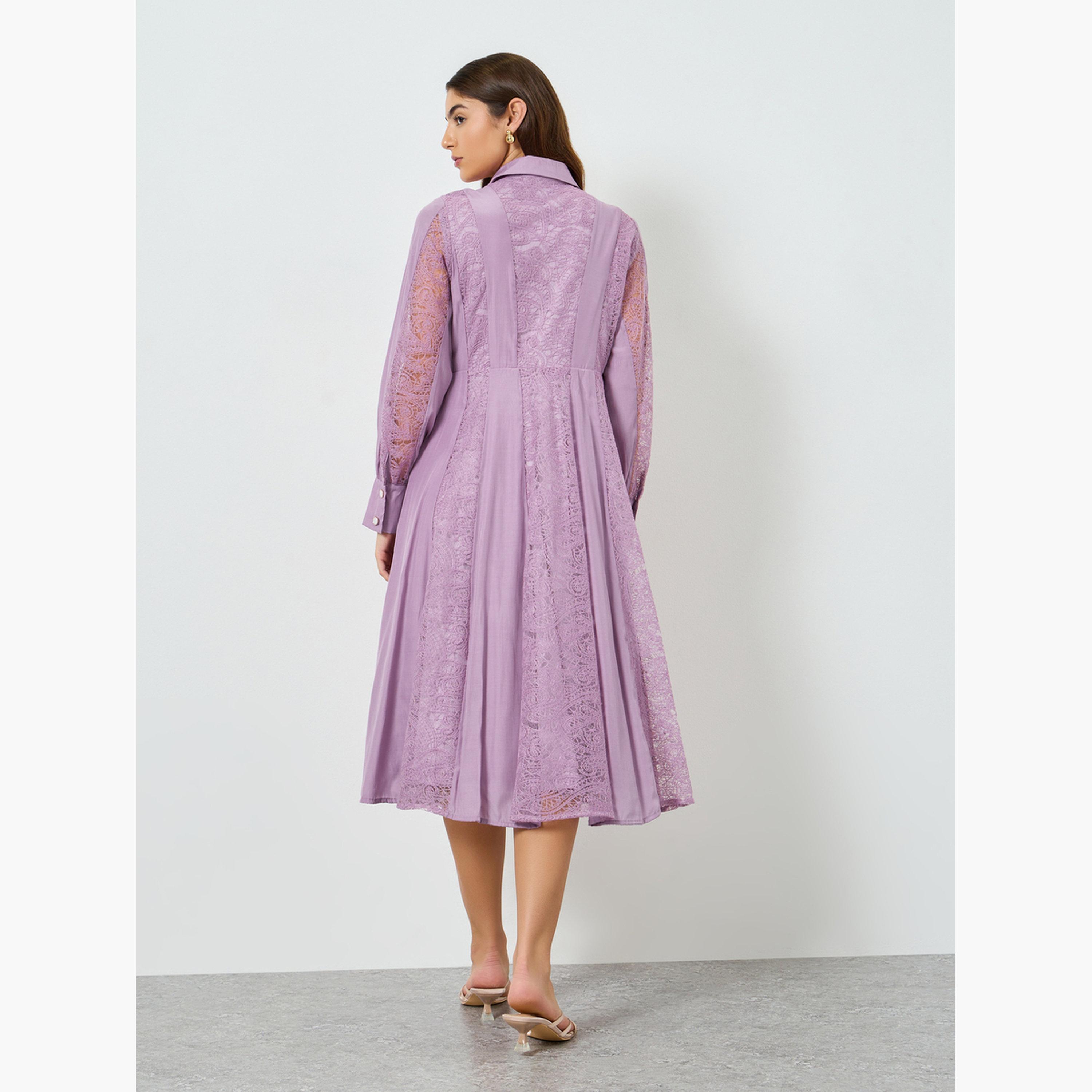 فستان ميدي بتصميم قميص وأكمام بأساور للنساء-women-clothing-dresses-image-4