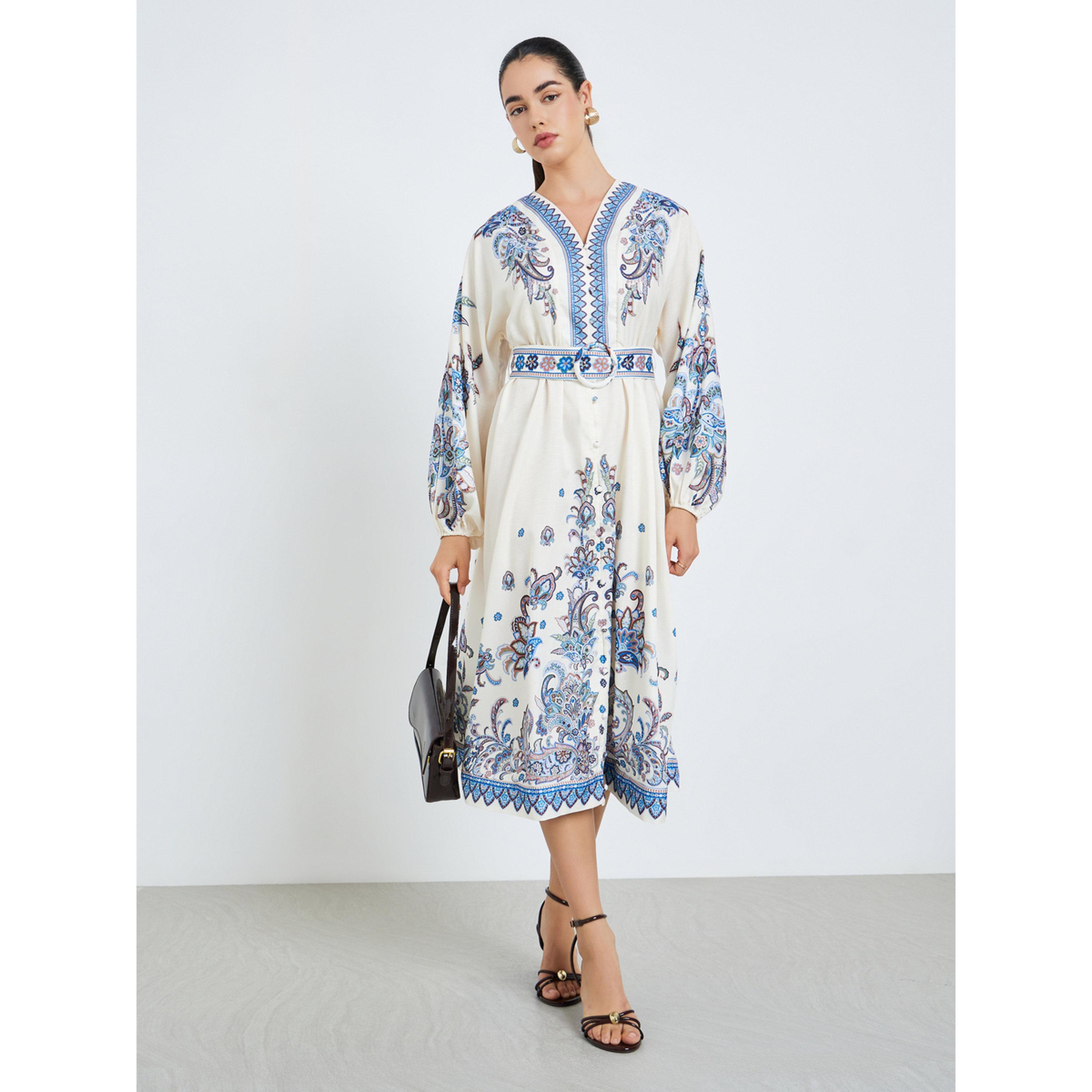 Styli Women Bohemian Printed Belted Shirt Midi Dress-women-clothing-dresses-image-1