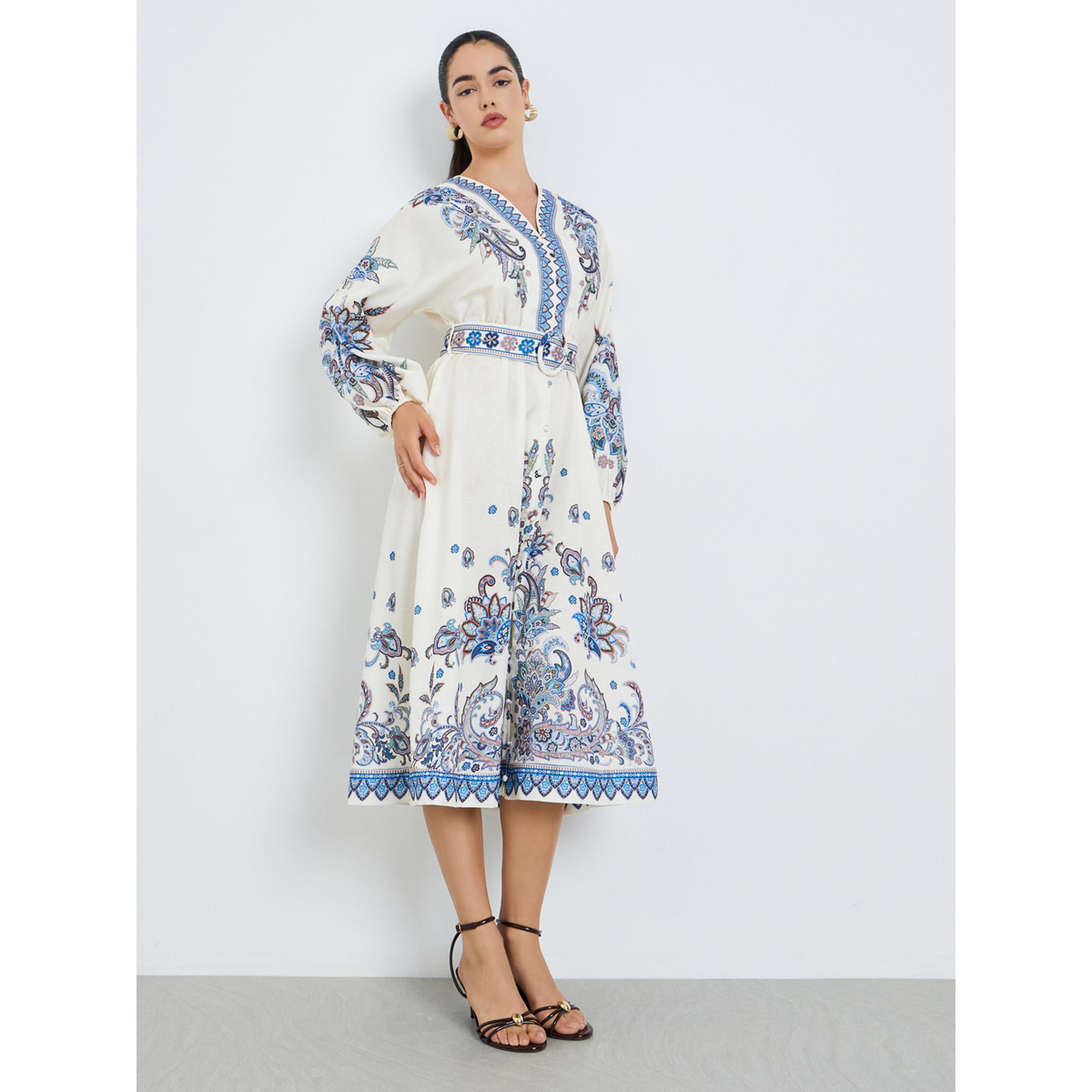 فستان ميدي بنمط قميص وحزام بطبعة بوهيمية للنساء-women-clothing-dresses-image-3