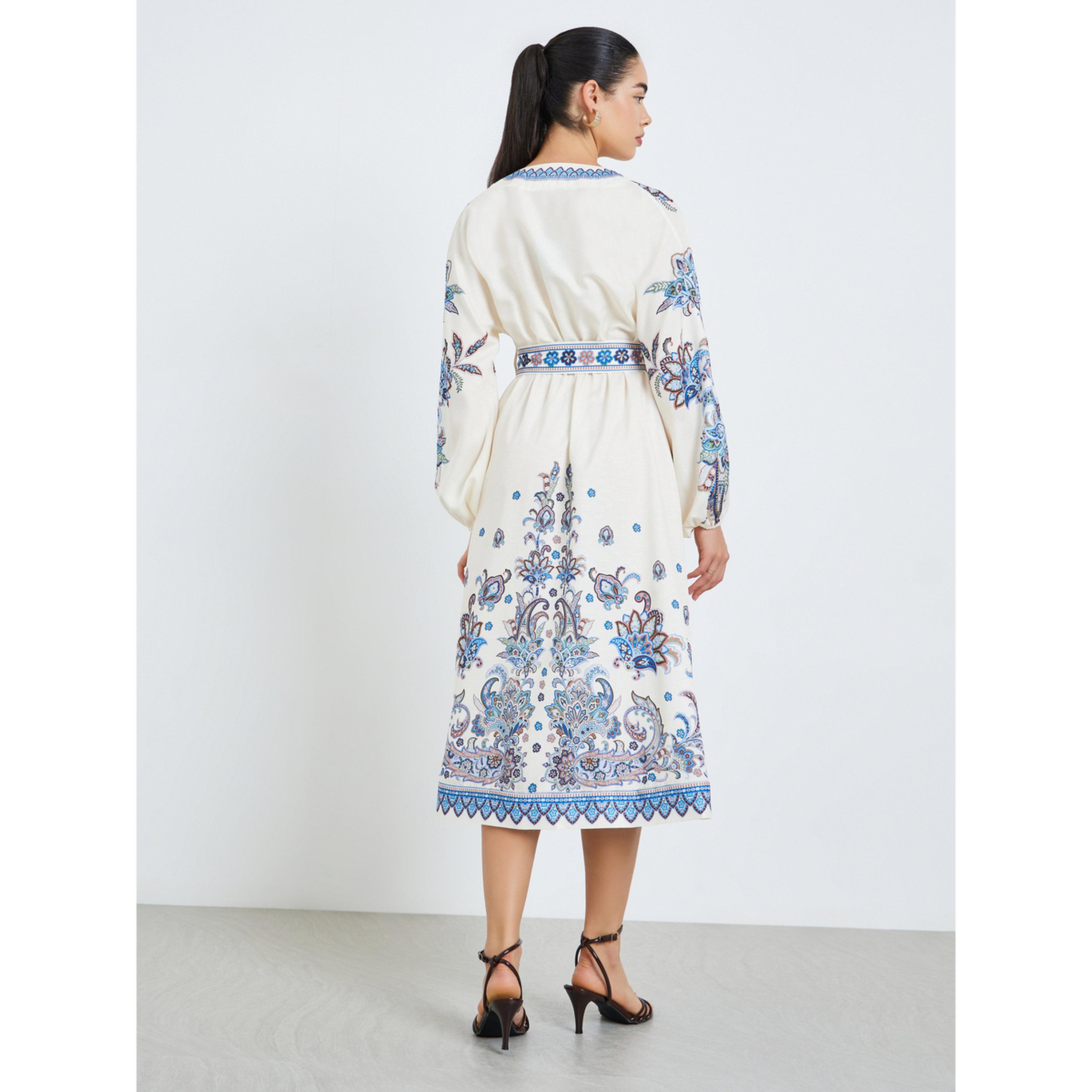 فستان ميدي بنمط قميص وحزام بطبعة بوهيمية للنساء-women-clothing-dresses-image-4