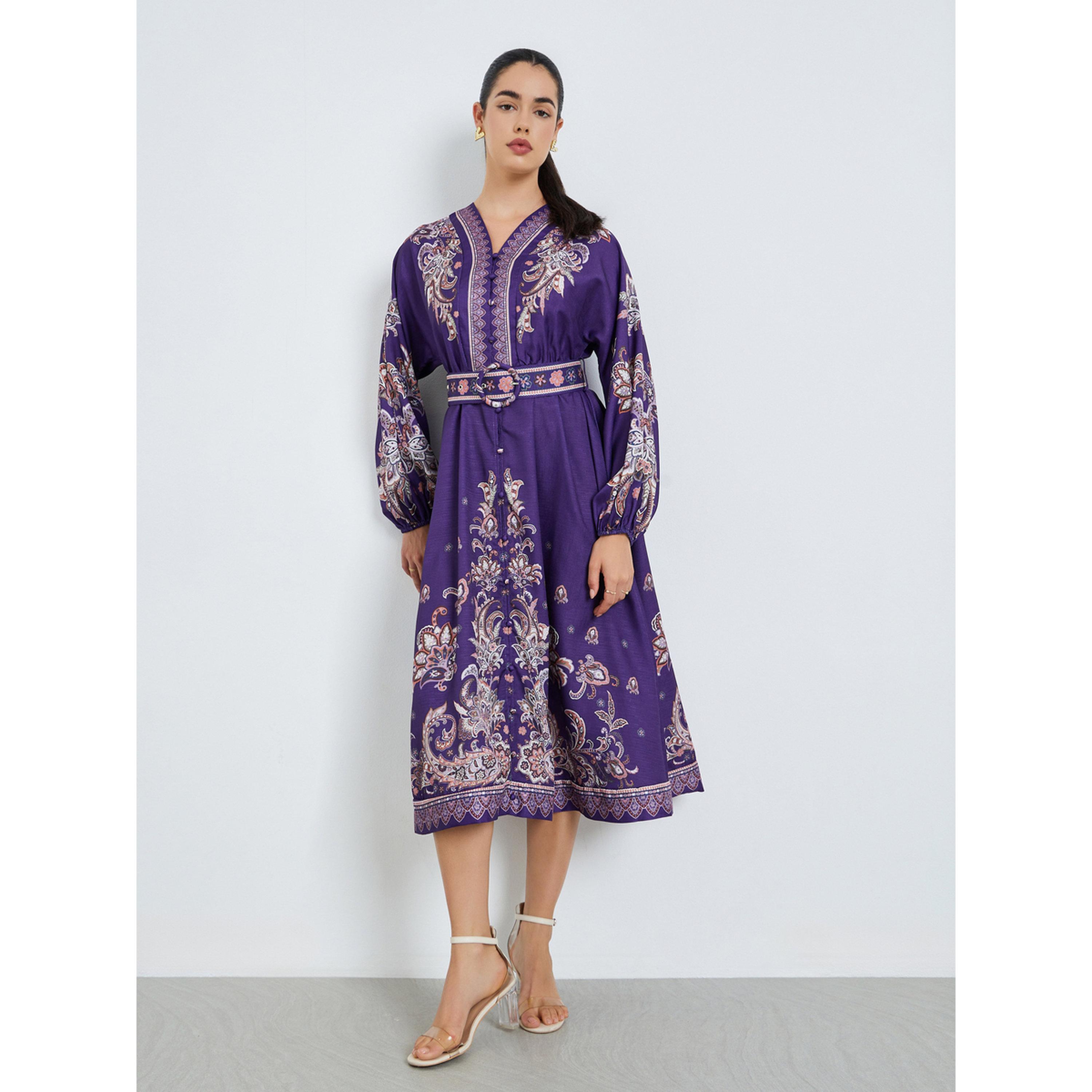فستان ميدي بنمط قميص وحزام وطبعة للنساء-women-clothing-dresses-image-1