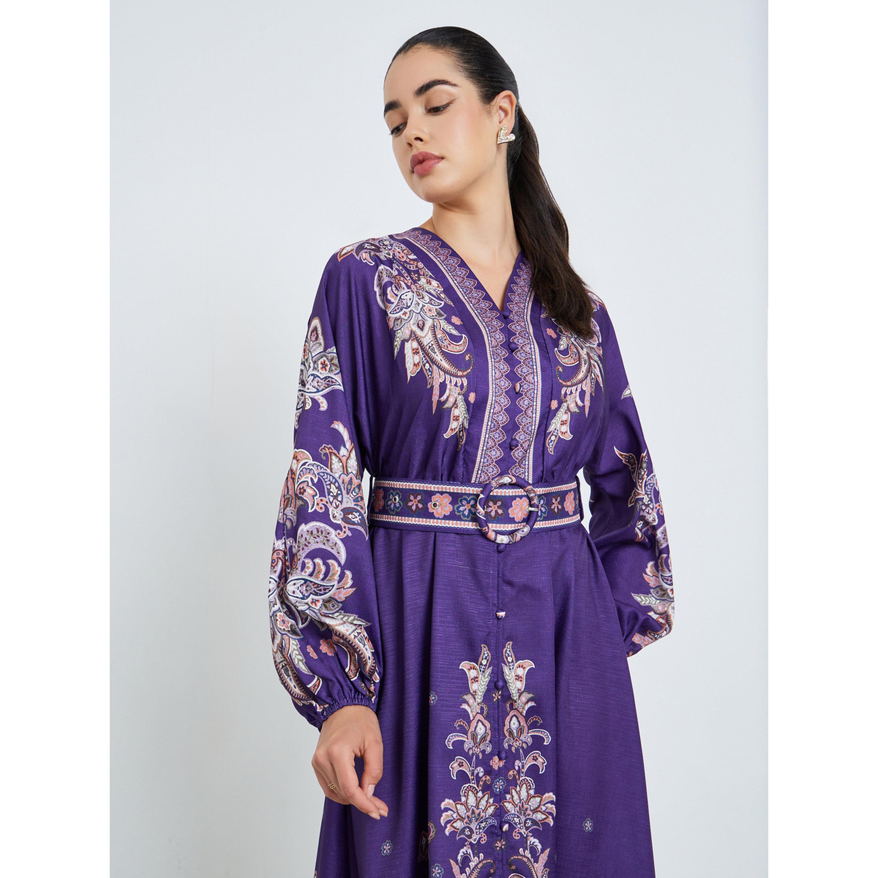 Styli Women Purple Printed Belted Shirt Midi Dress-women-clothing-dresses-image-2