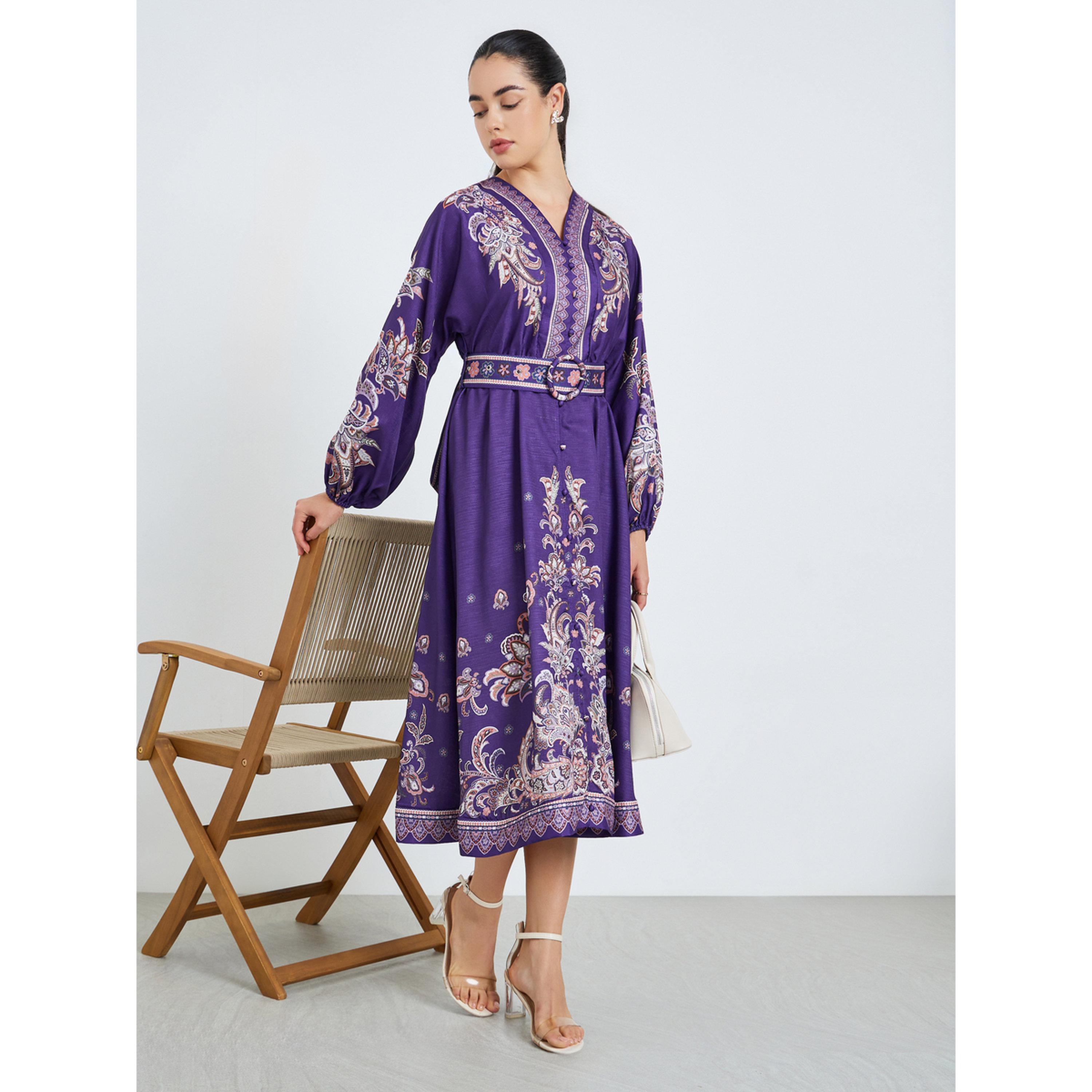 فستان ميدي بنمط قميص وحزام وطبعة للنساء-women-clothing-dresses-image-3