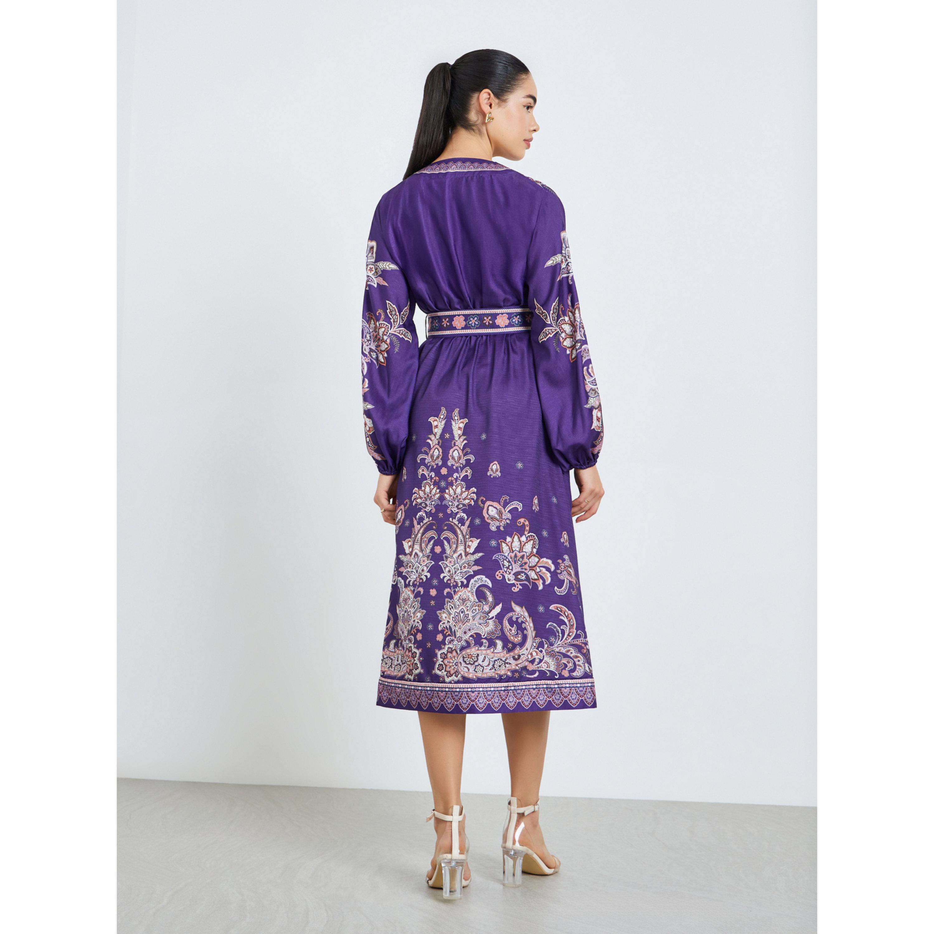 Styli Women Purple Printed Belted Shirt Midi Dress-women-clothing-dresses-image-4
