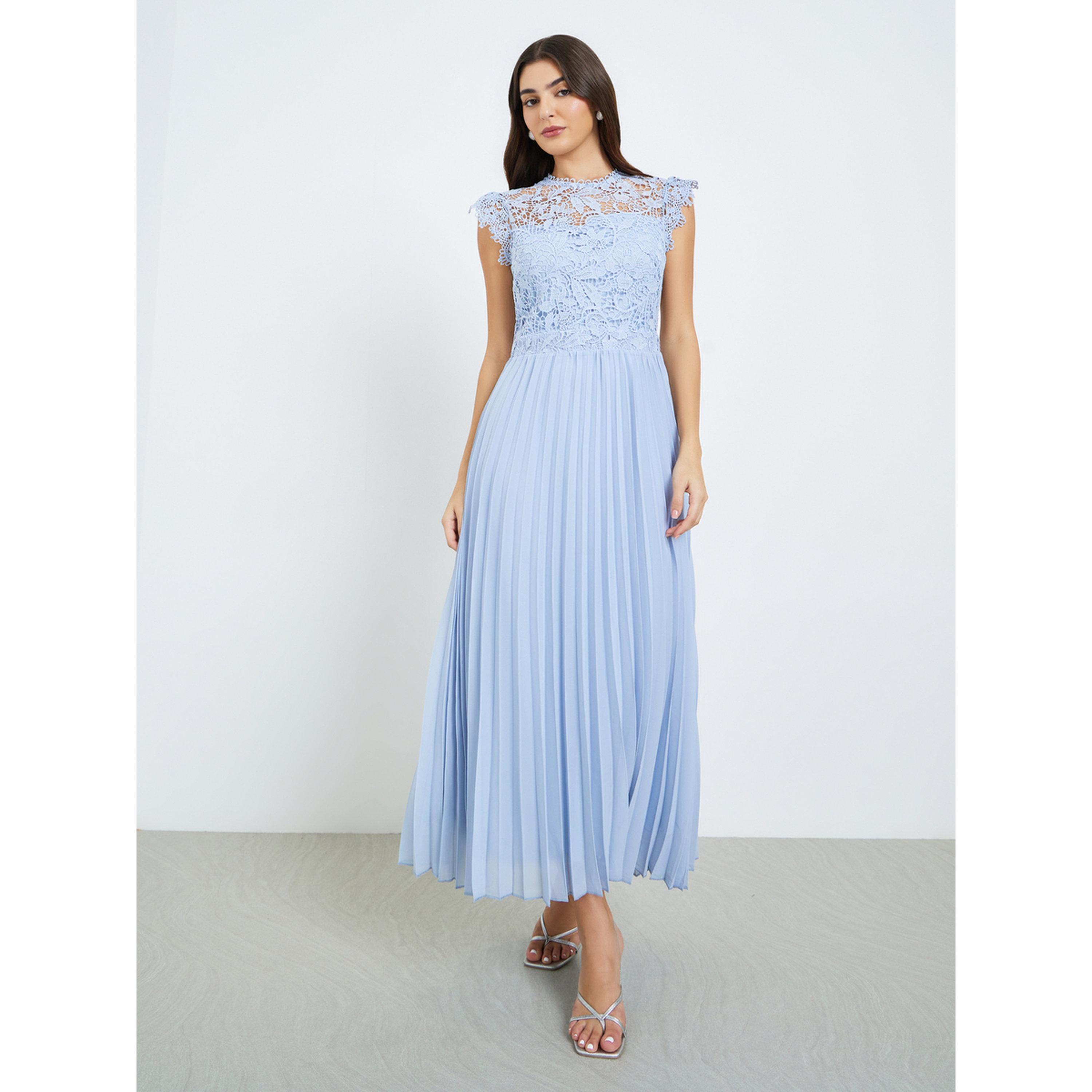 Styli Women Blue Lace Sleeveless Pleated Midi Dress-women-clothing-dresses-image-1