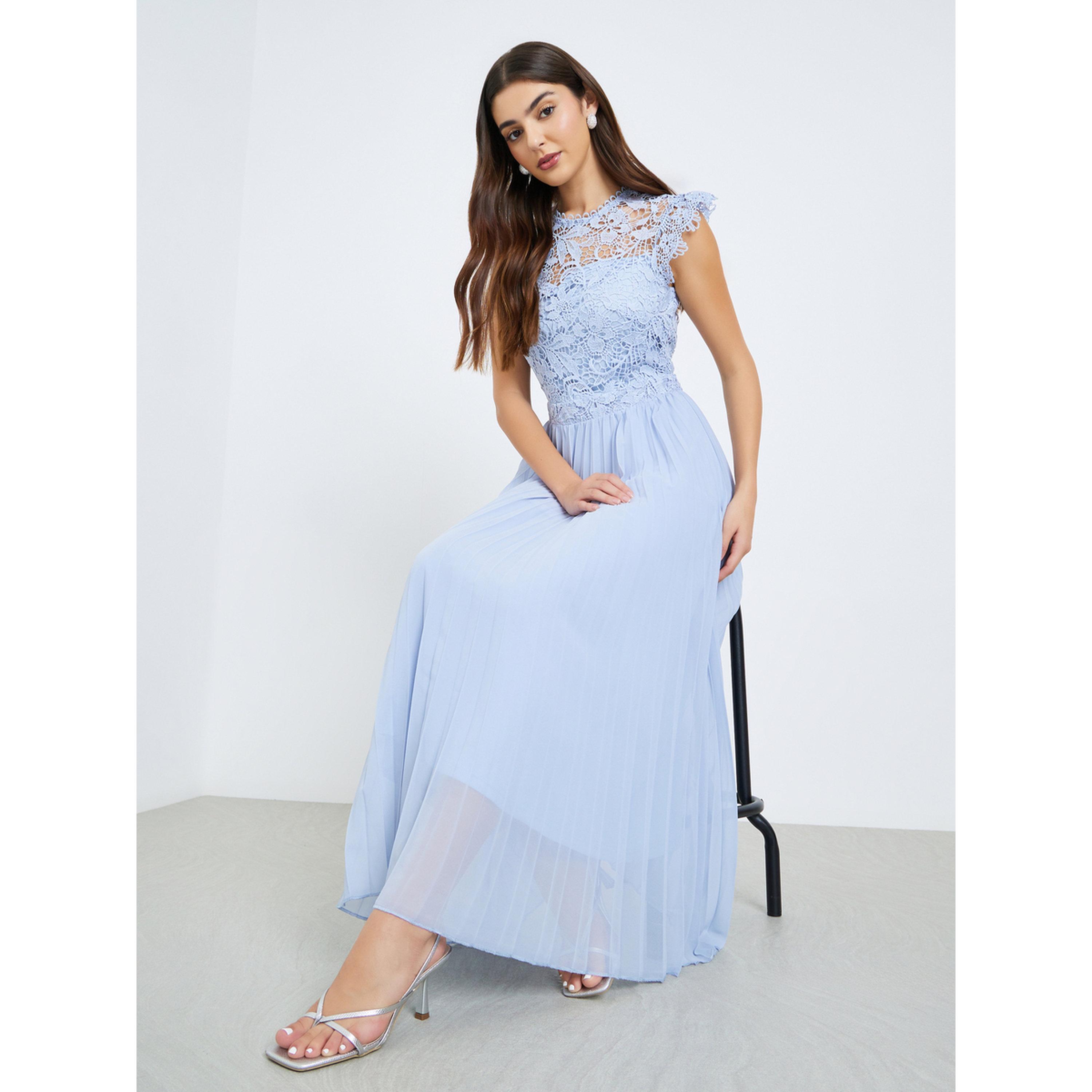 Styli Women Blue Lace Sleeveless Pleated Midi Dress-women-clothing-dresses-image-2