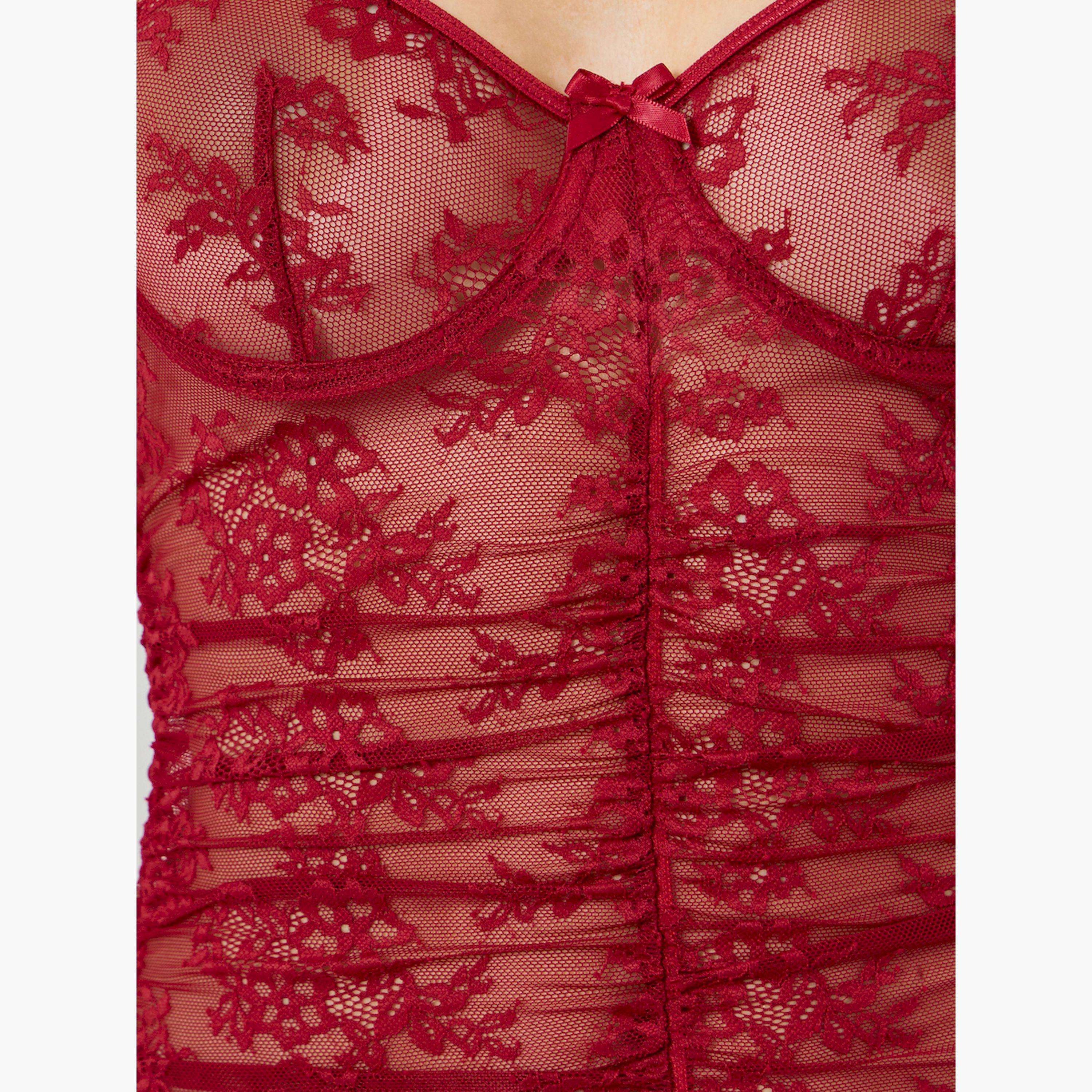 Styli Floral Mesh Underwired Ruched Slip, Brief and Stockings Set-women-clothing-lingerie-lingeriesets-image-6