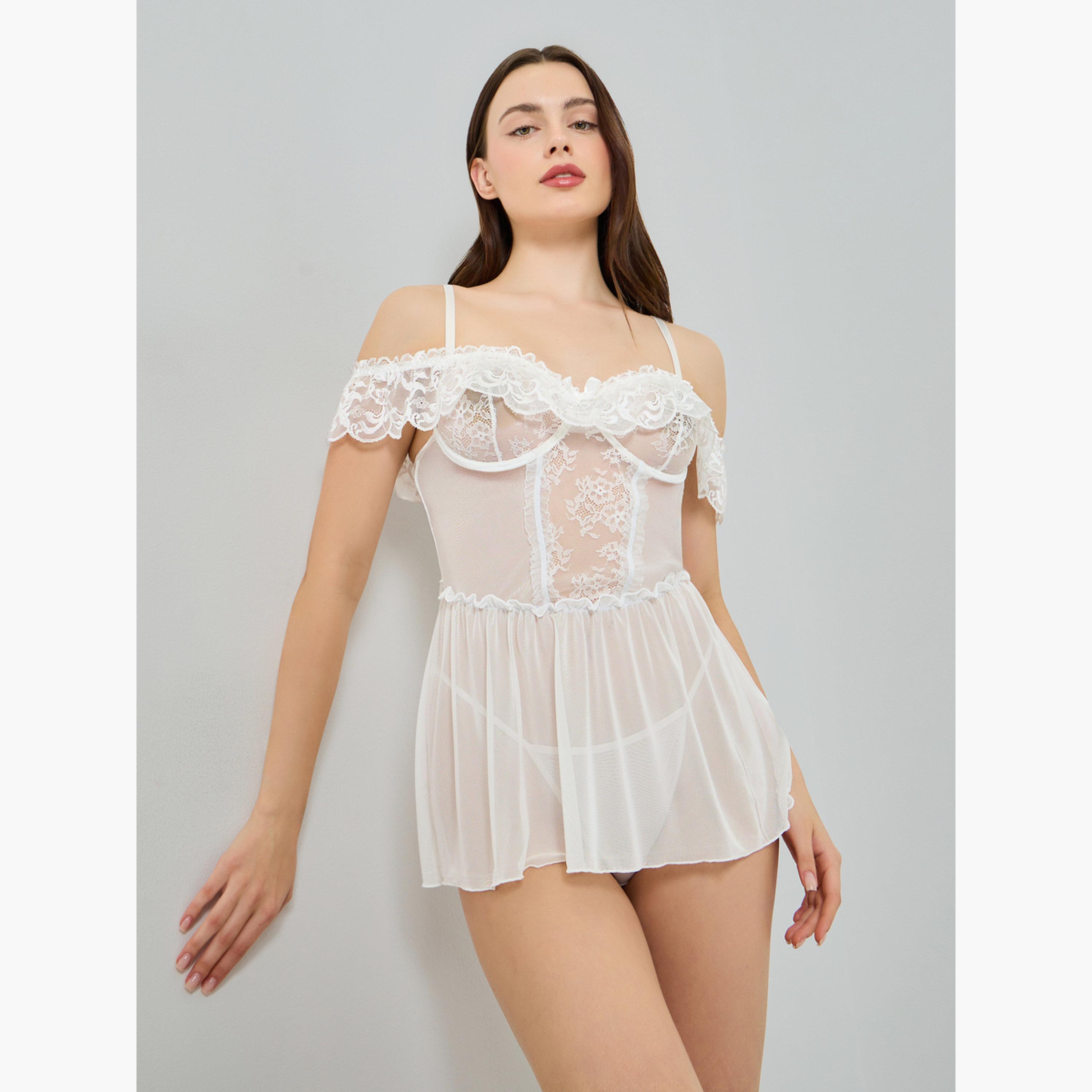 لانجري بيبي دول وسروال داخلي بتفاصيل كشكش وأكتاف مكشوفة-women-clothing-lingerie-babydollsandbodysuits-image-1