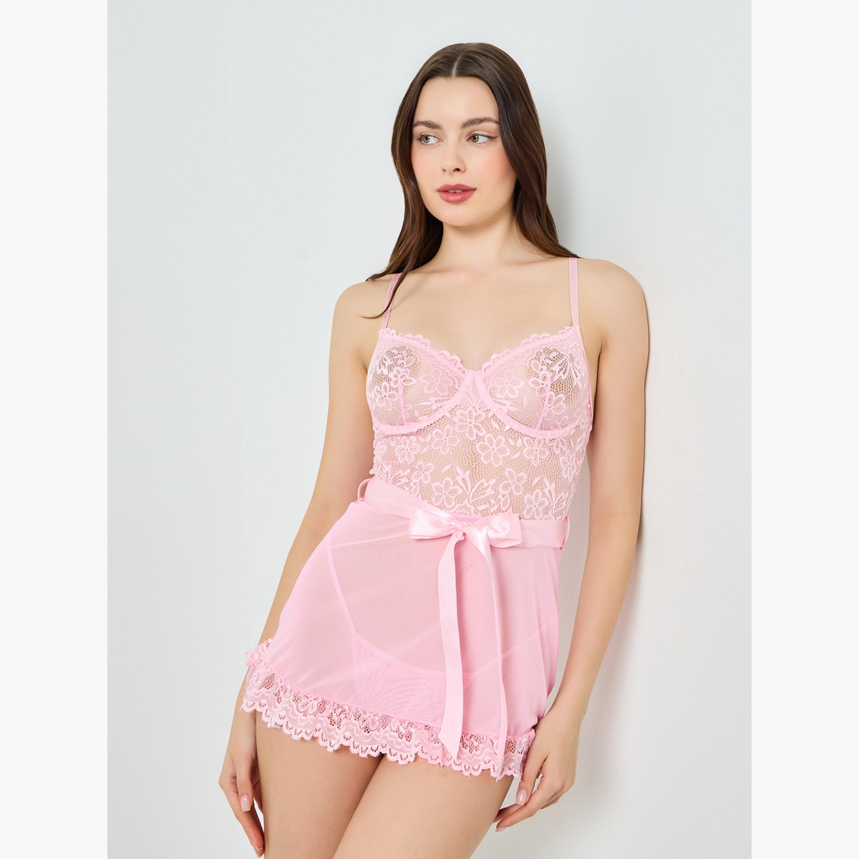 Styli Scallop Hem with Bow Tie Detail Lace Babydoll and Brief-women-clothing-lingerie-lingeriesets-image-1