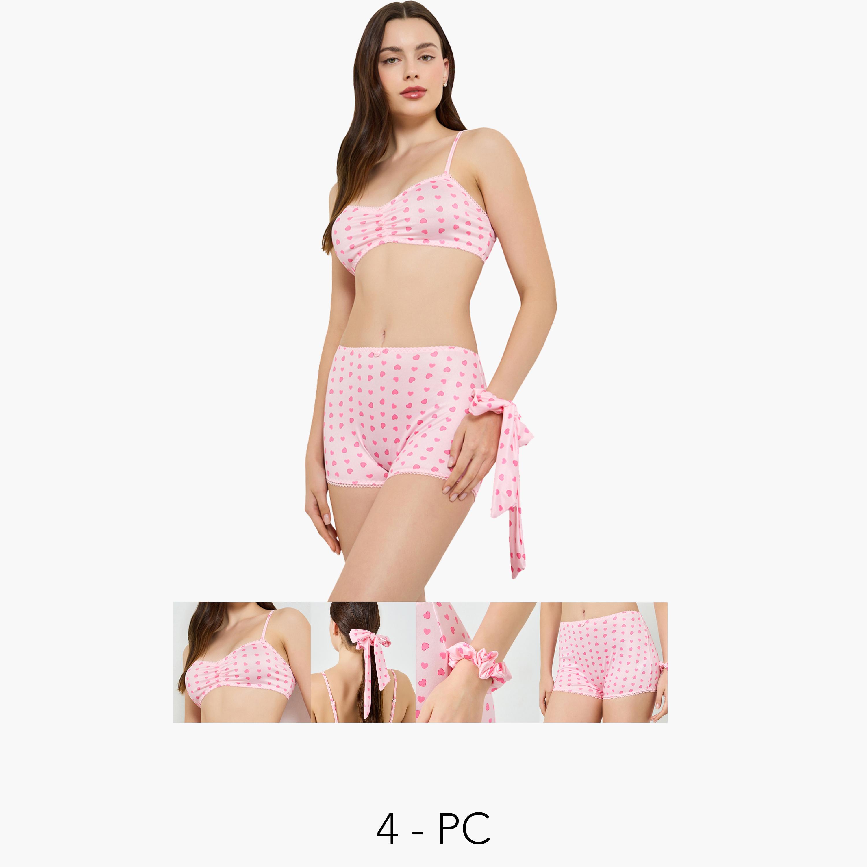 مجموعة من 4 - صدرية غير مبطنة وبوي شورت مع سكرانشي-women-clothing-lingerie-lingeriesets-image-1