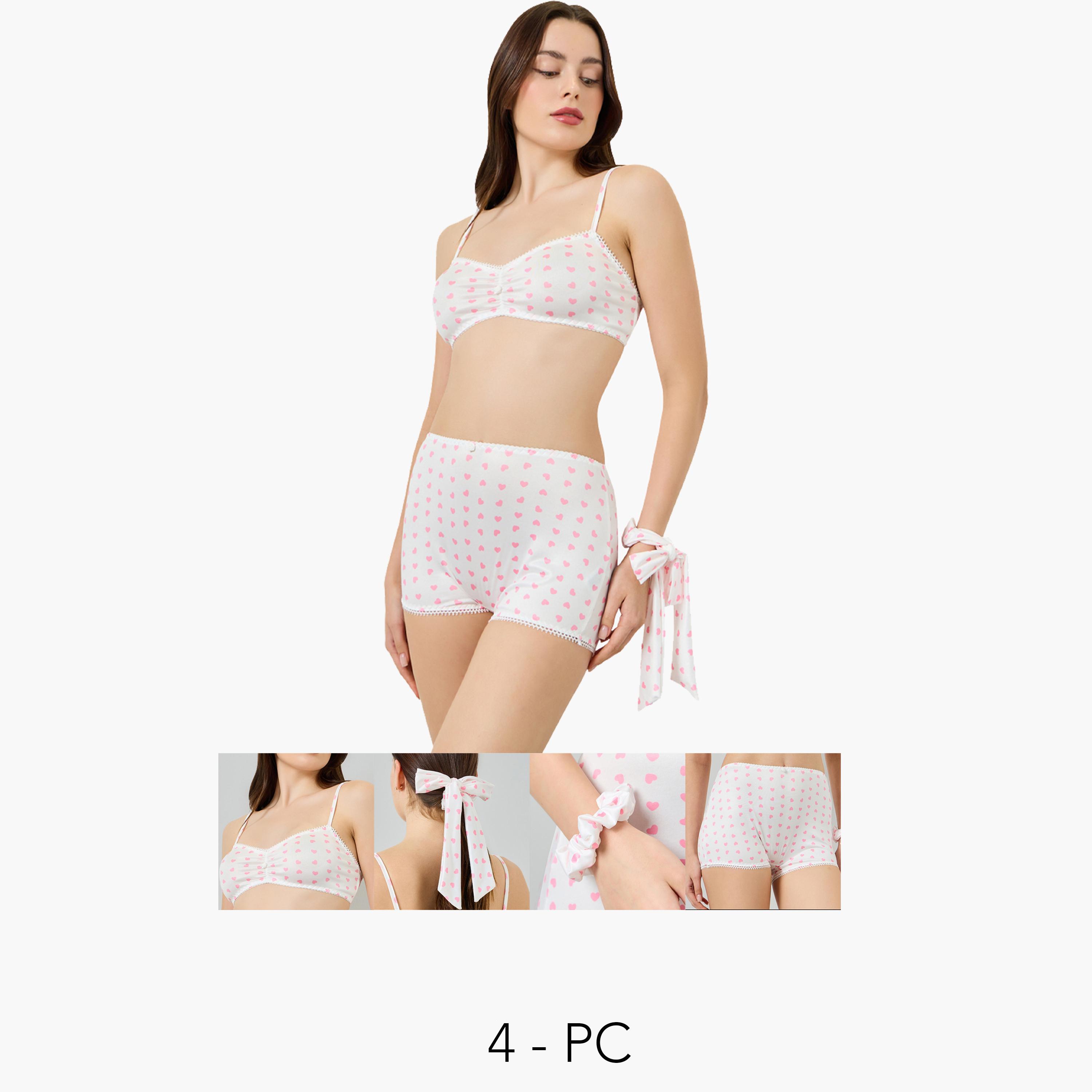 مجموعة من 4 - صدرية غير مبطنة وبوي شورت مع سكرانشي-women-clothing-lingerie-lingeriesets-image-1