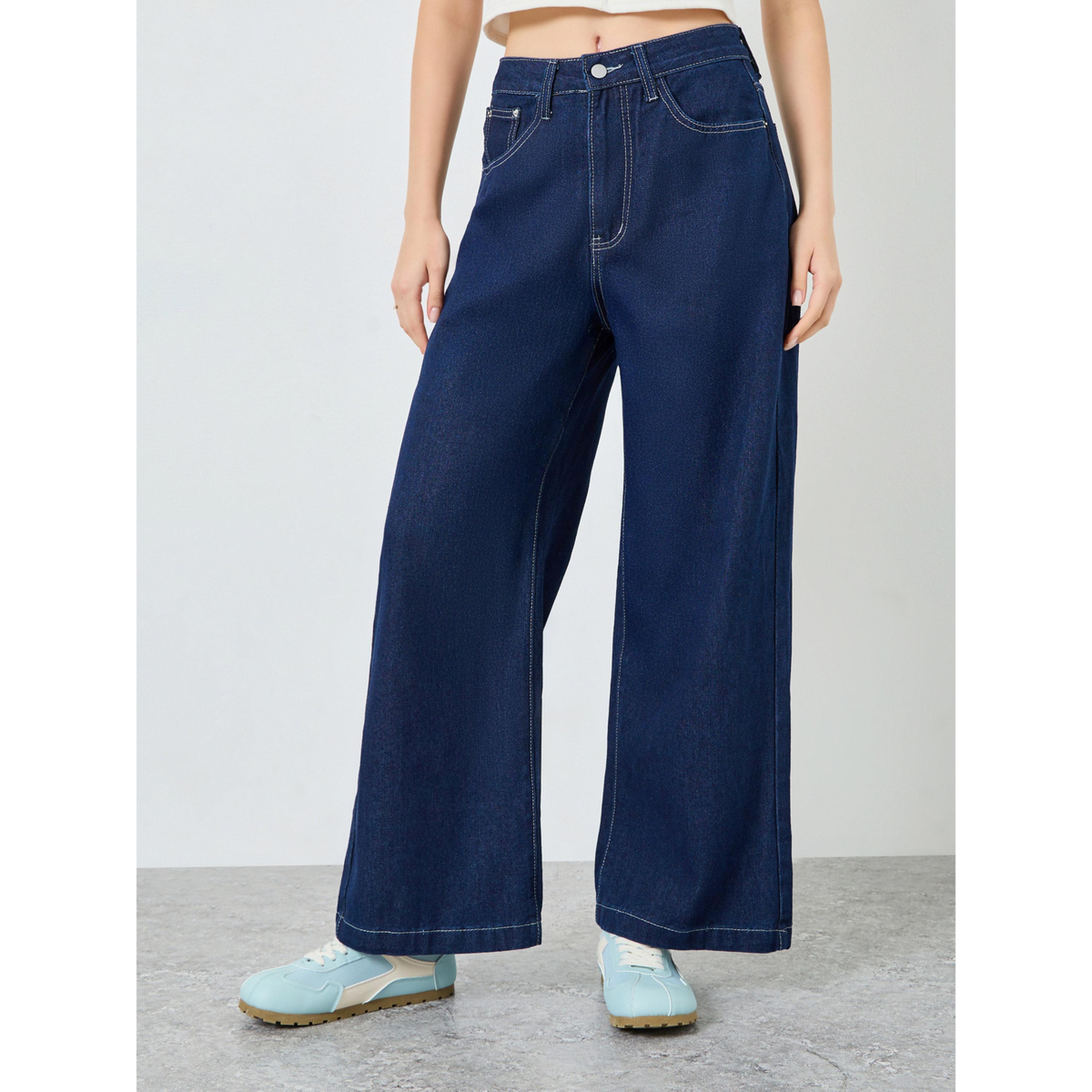 Styli Women Dark Blue Wash Wide Leg Jeans-women-clothing-bottoms-jeans-image-1
