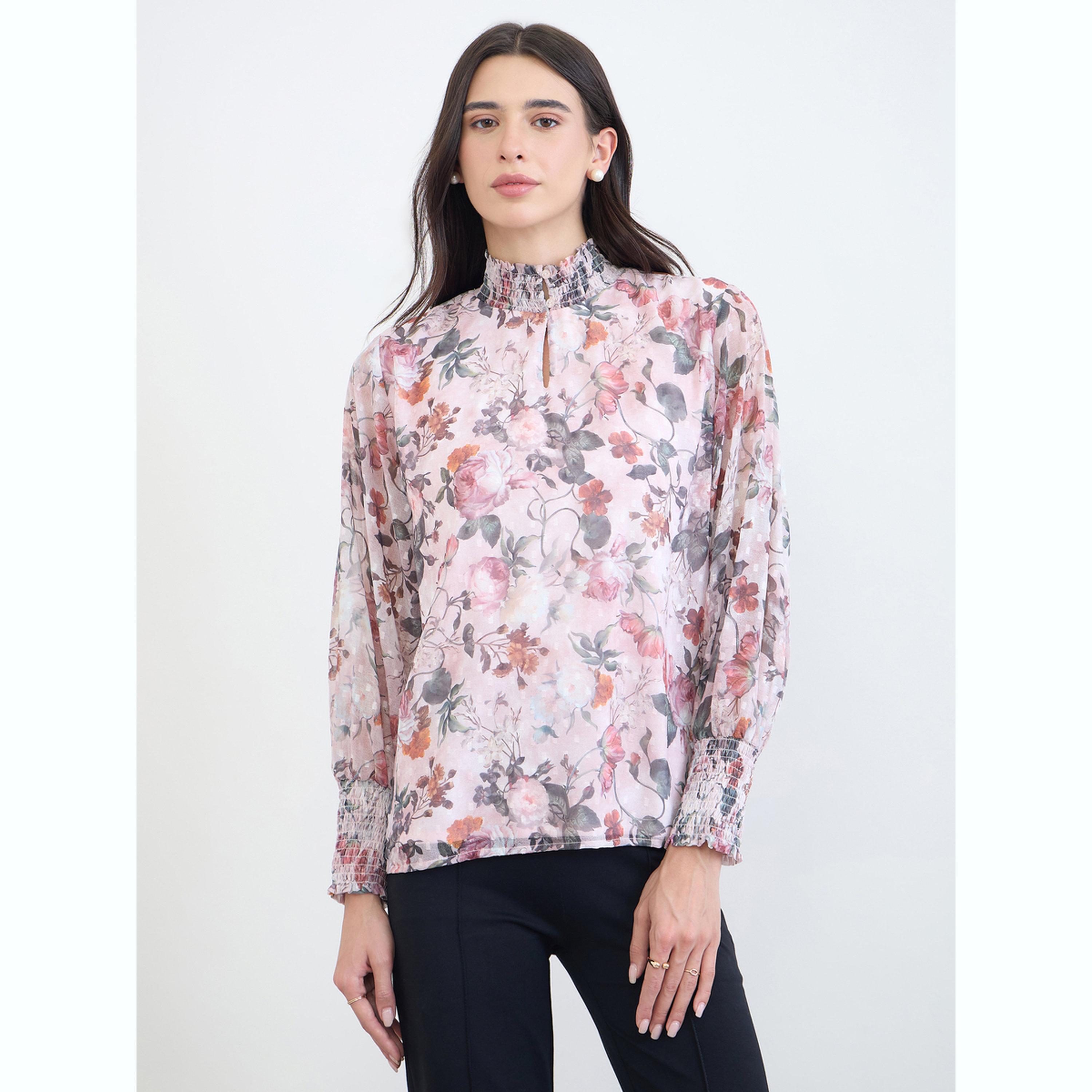 بلوزة بياقة مزمومة ونقشة زهور دوبي-women-clothing-shirtsandblouses-blouses-image-1