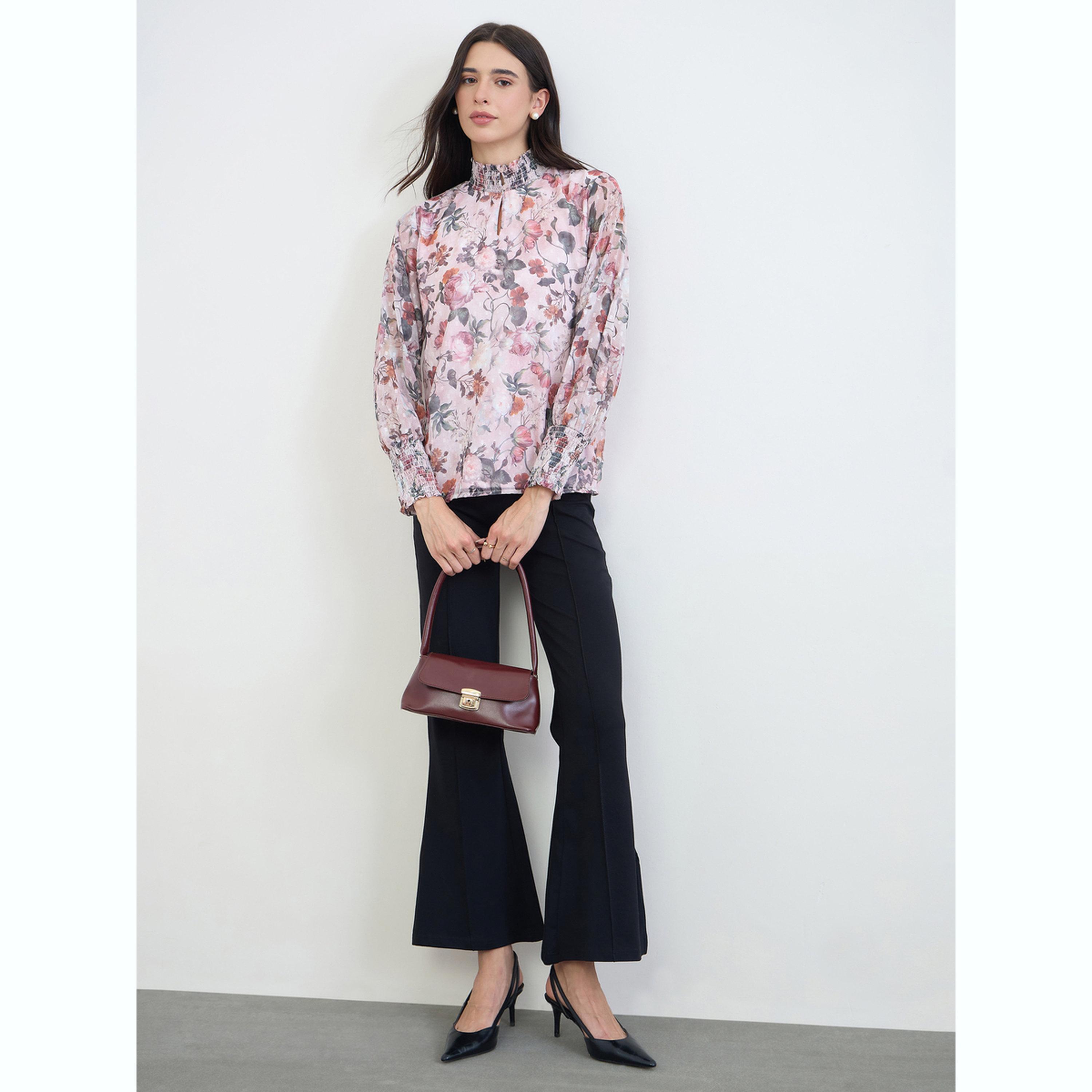 بلوزة بياقة مزمومة ونقشة زهور دوبي-women-clothing-shirtsandblouses-blouses-image-2