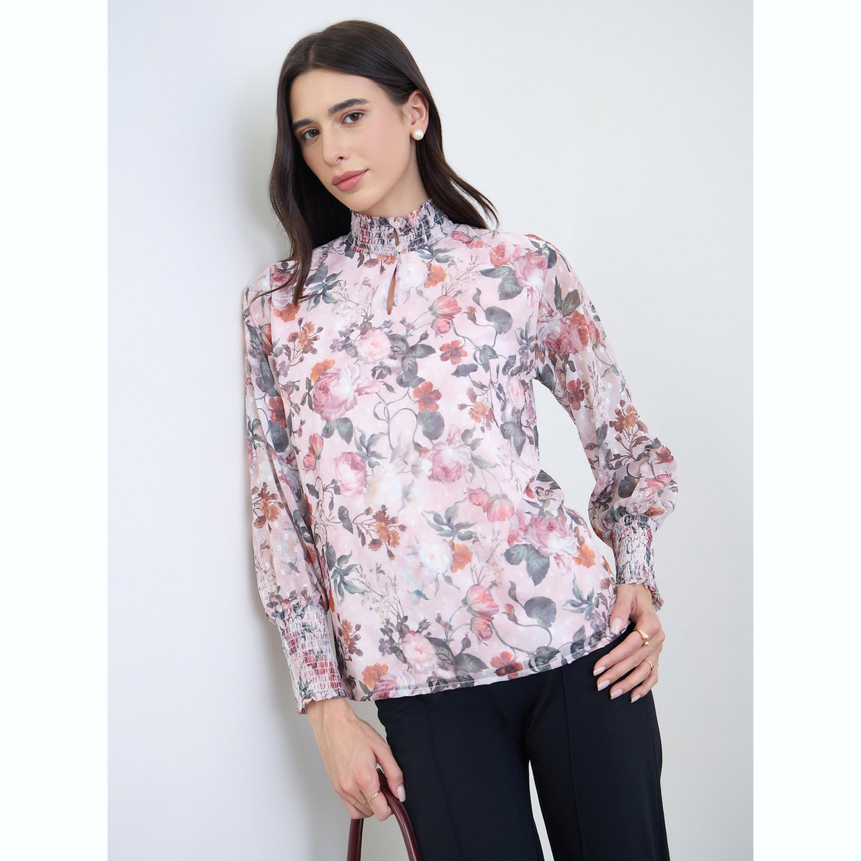 بلوزة بياقة مزمومة ونقشة زهور دوبي-women-clothing-shirtsandblouses-blouses-image-3