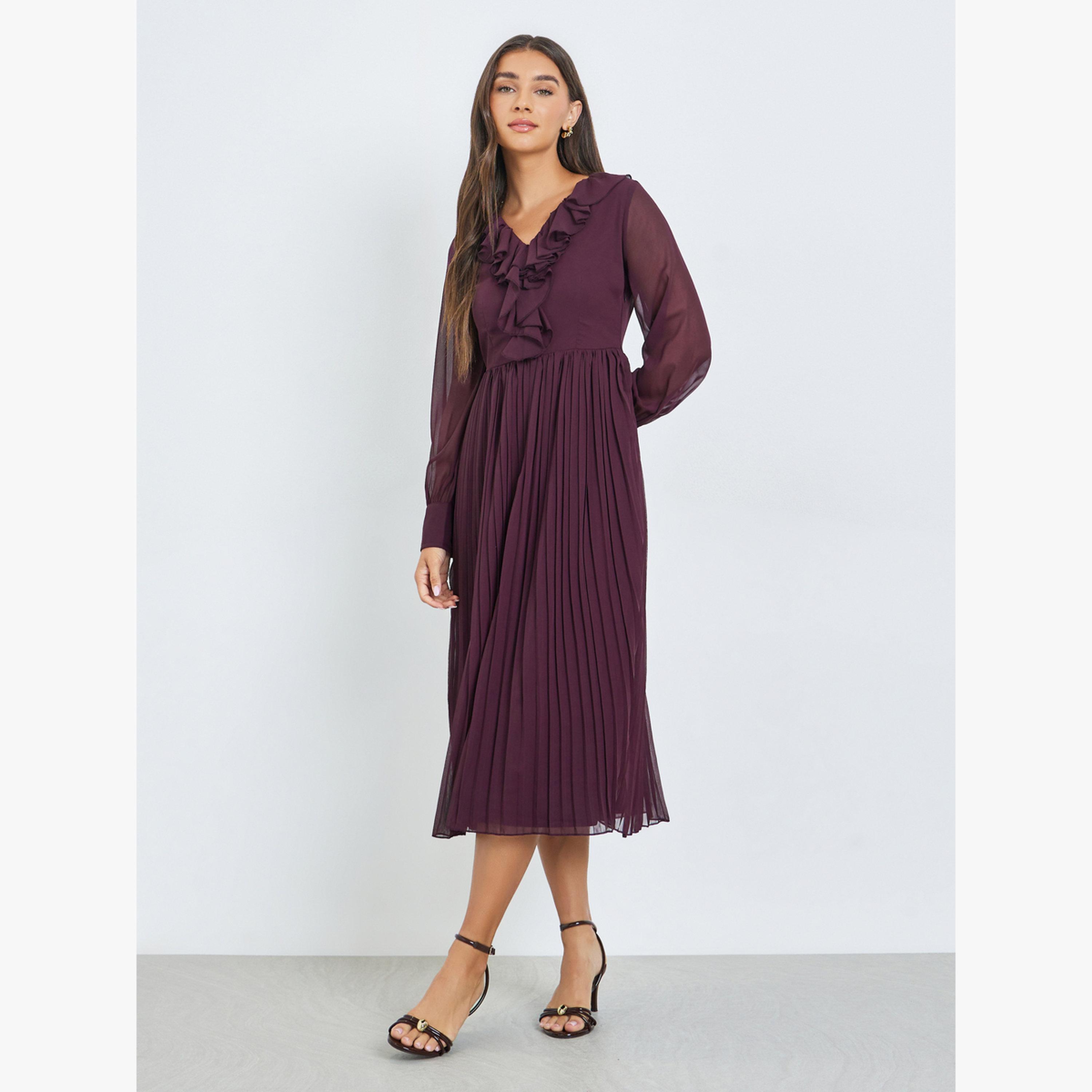 Styli Brown Pleated Midi Dress with Ruffle Detail-women-clothing-dresses-image-1