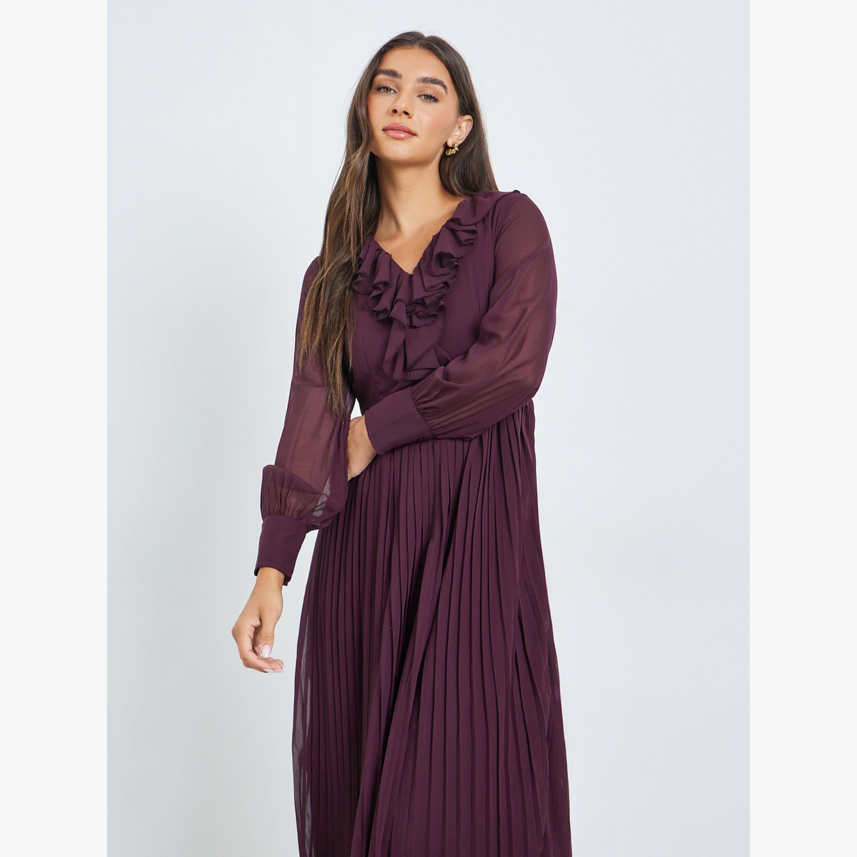 فستان ميدي بكسرات بتفاصيل كشكش-women-clothing-dresses-image-2