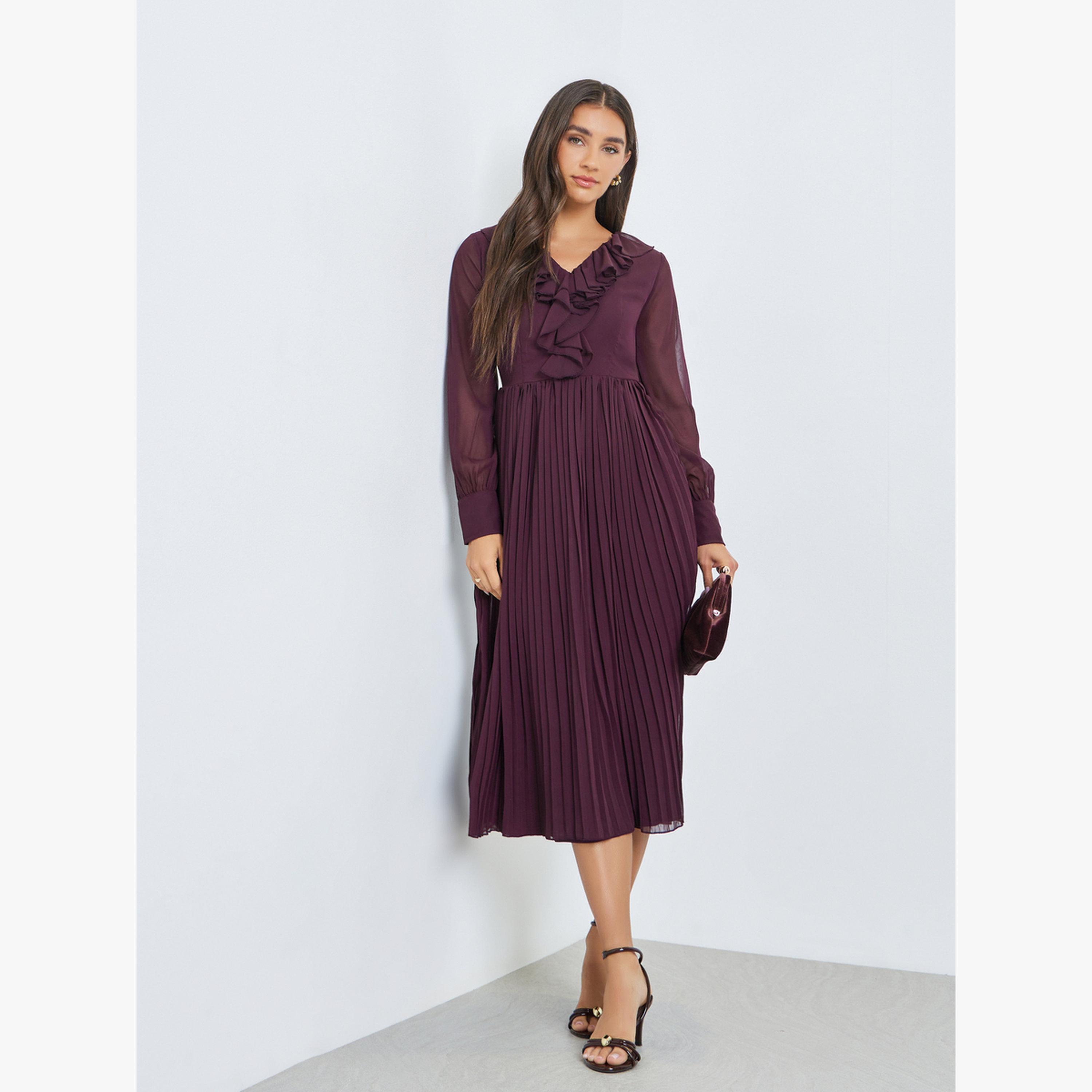 Styli Brown Pleated Midi Dress with Ruffle Detail-women-clothing-dresses-image-3