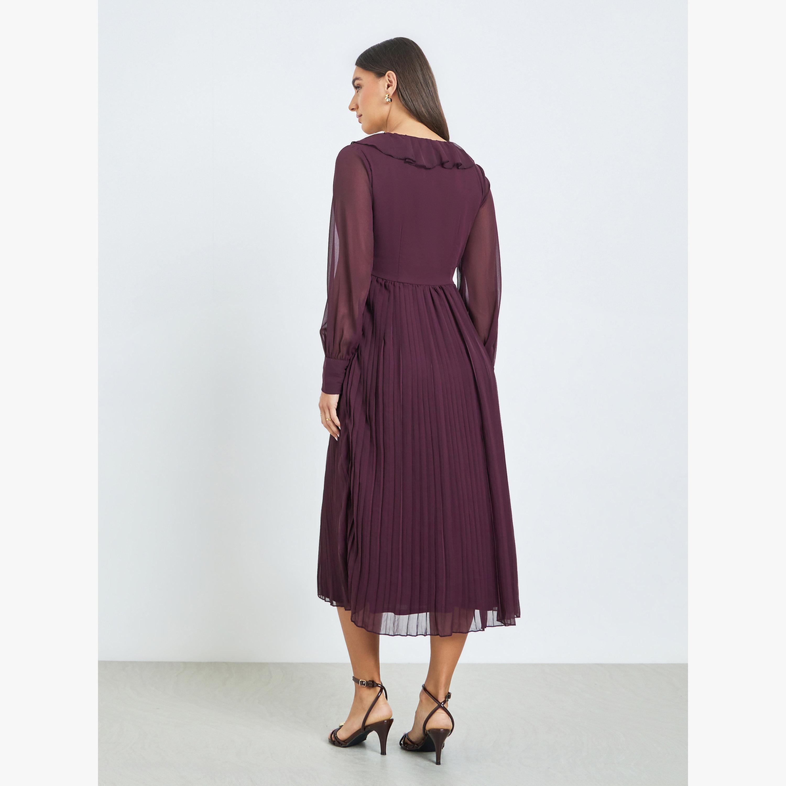 فستان ميدي بكسرات بتفاصيل كشكش-women-clothing-dresses-image-4