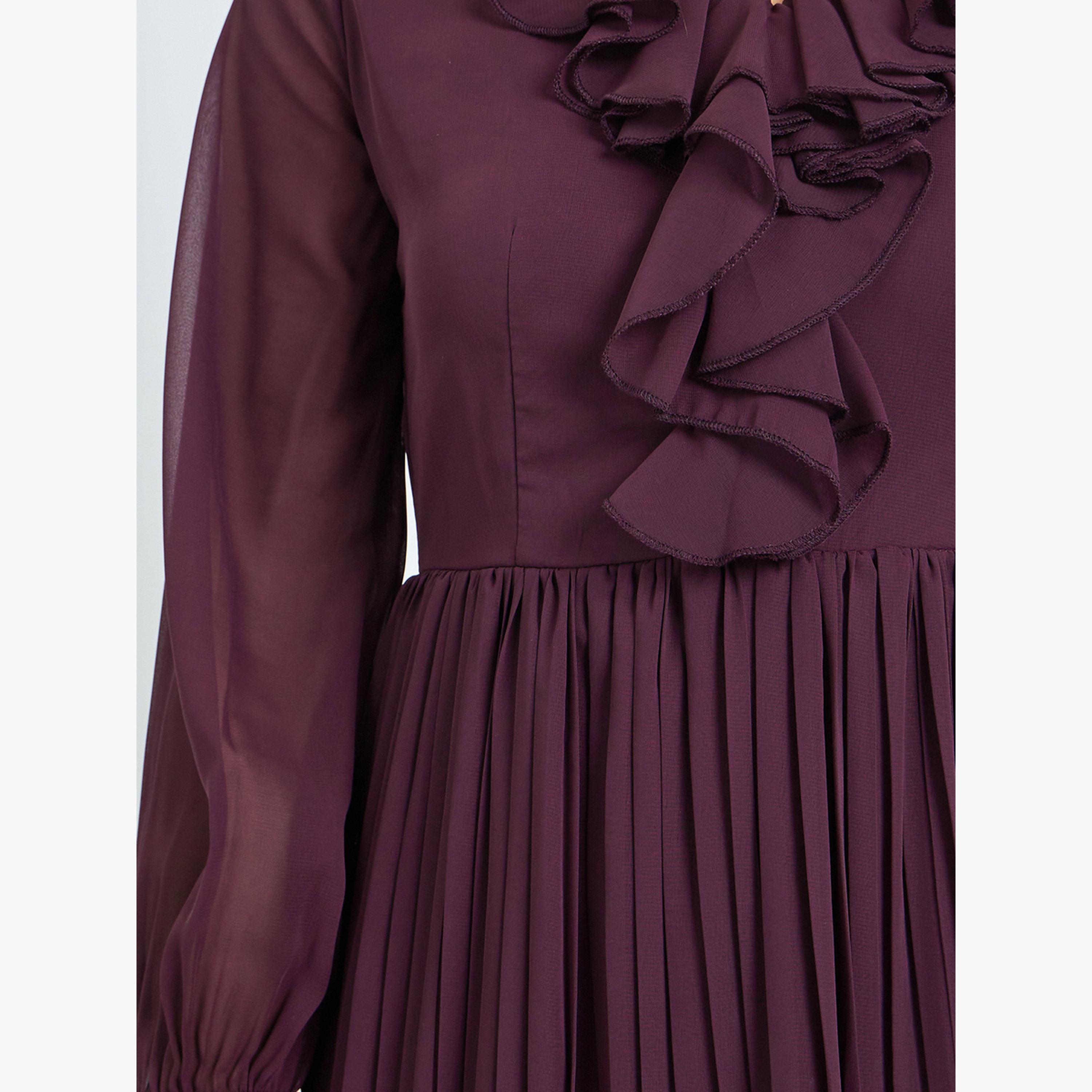 Styli Brown Pleated Midi Dress with Ruffle Detail-women-clothing-dresses-image-5