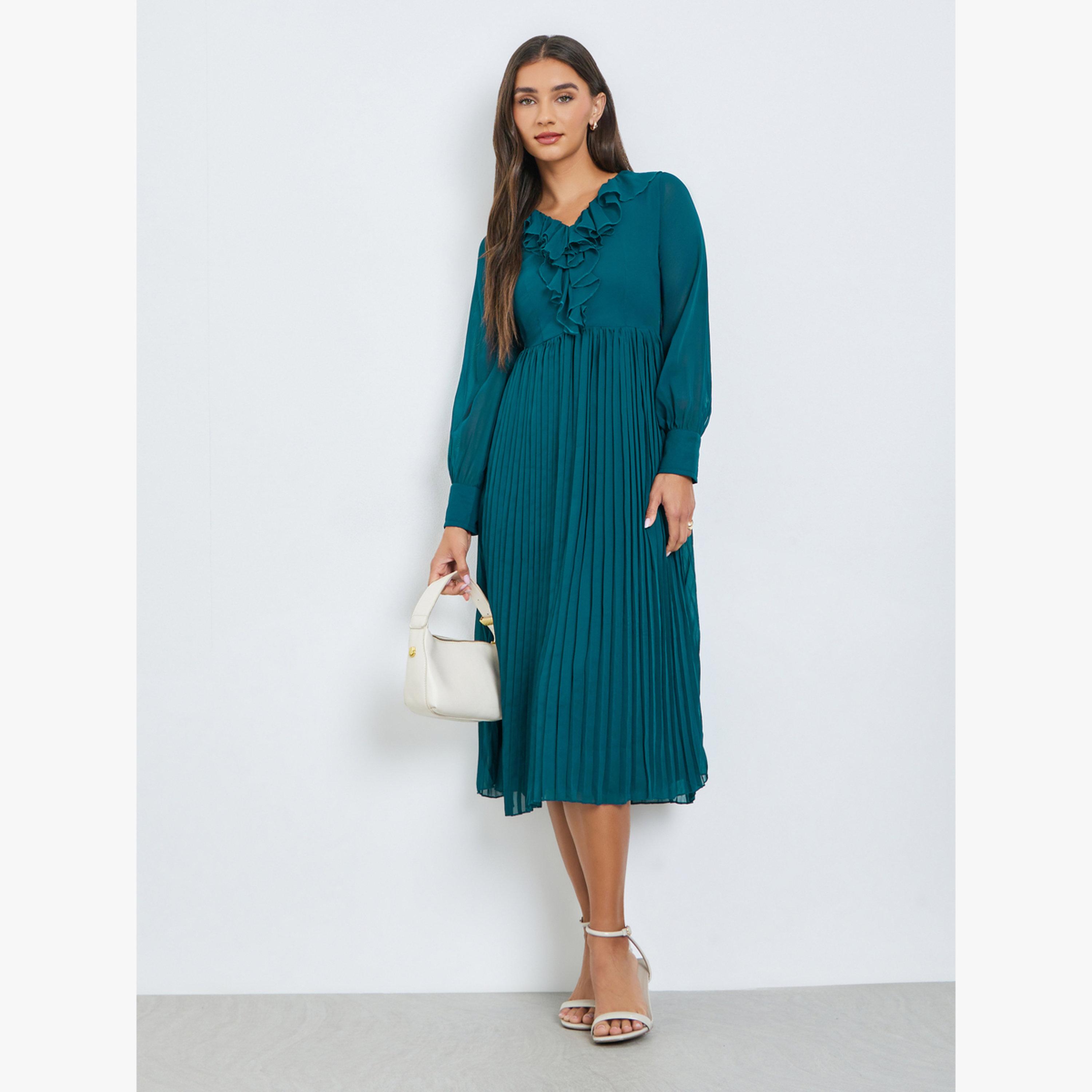 Styli Teal Pleated Midi Dress with Ruffle Detail-women-clothing-dresses-image-1