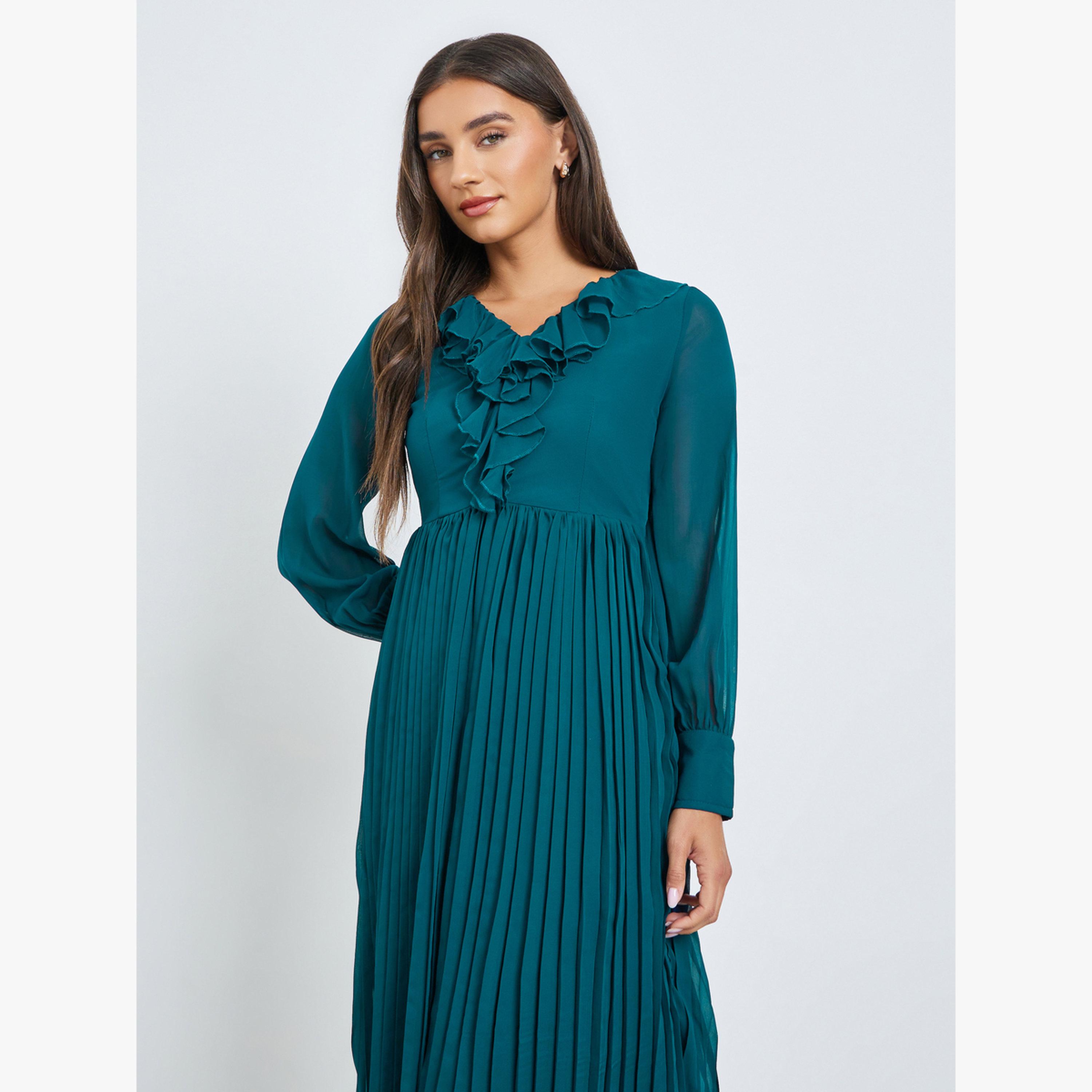 فستان ميدي بكسرات بتفاصيل كشكش-women-clothing-dresses-image-2