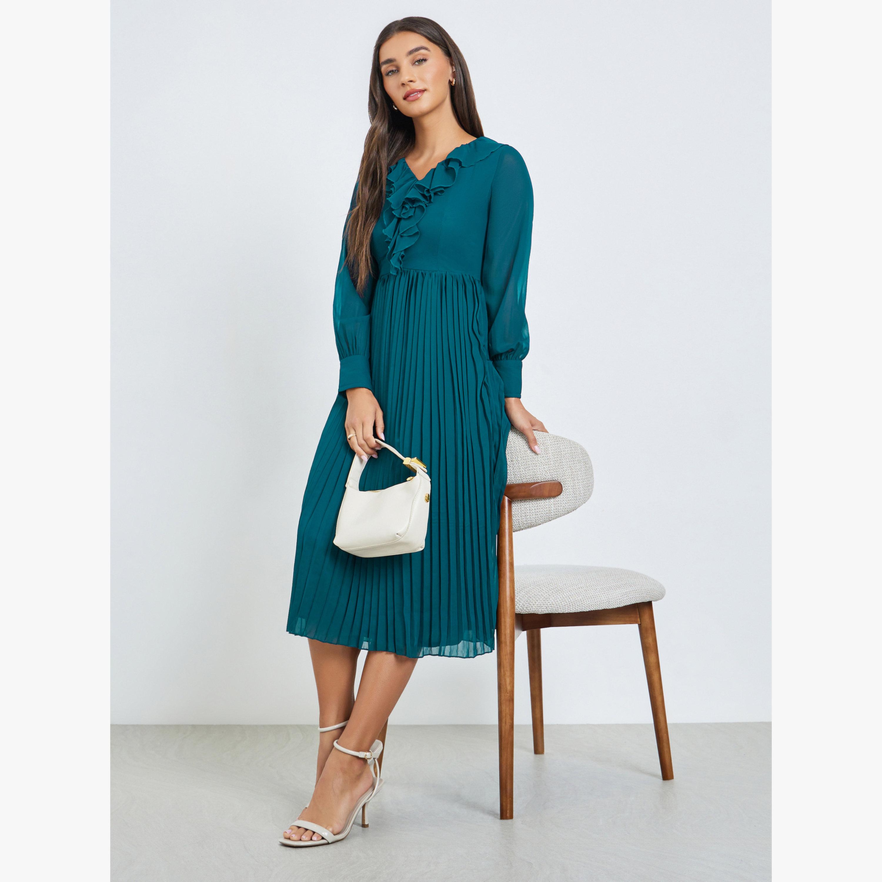 Styli Teal Pleated Midi Dress with Ruffle Detail-women-clothing-dresses-image-3