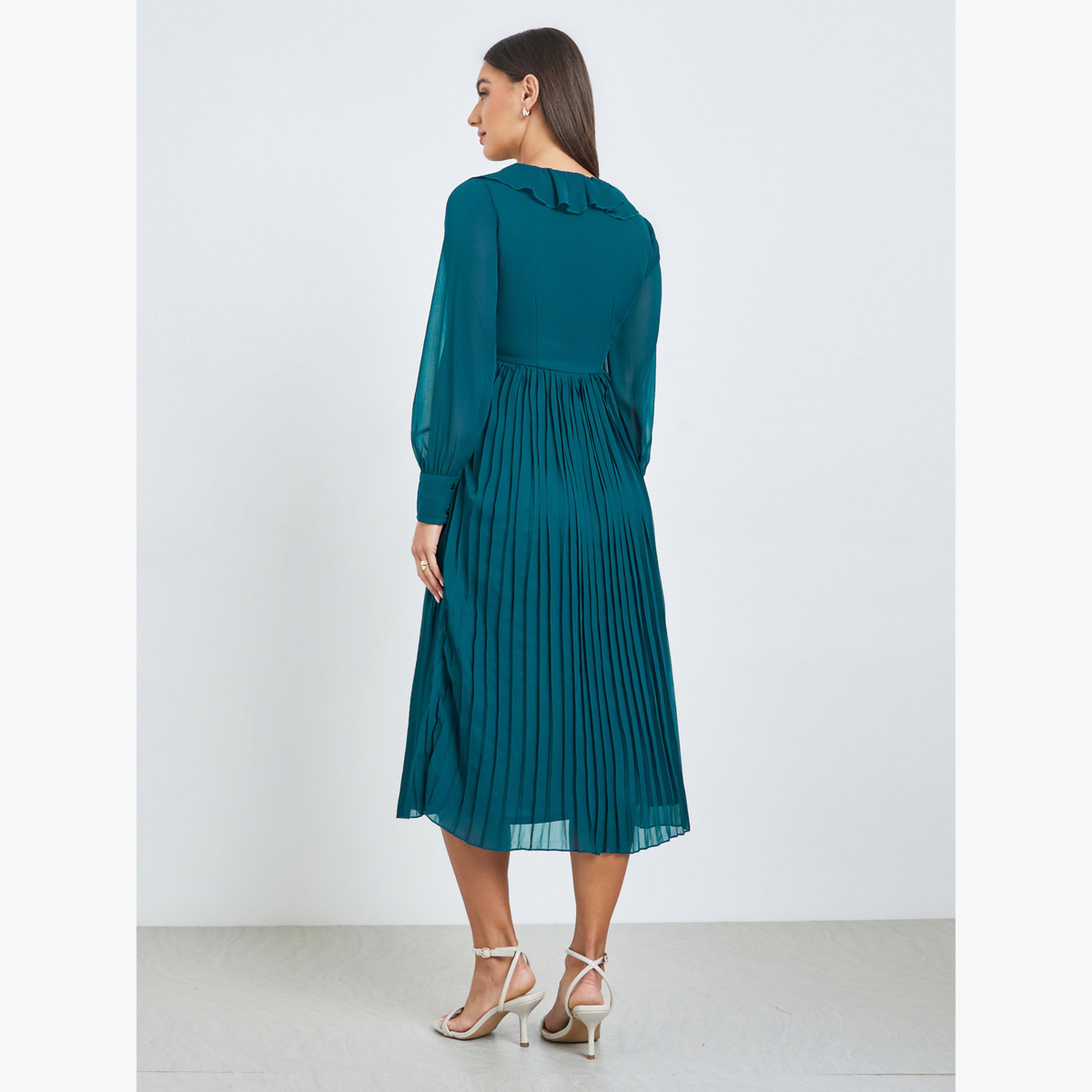 فستان ميدي بكسرات بتفاصيل كشكش-women-clothing-dresses-image-4
