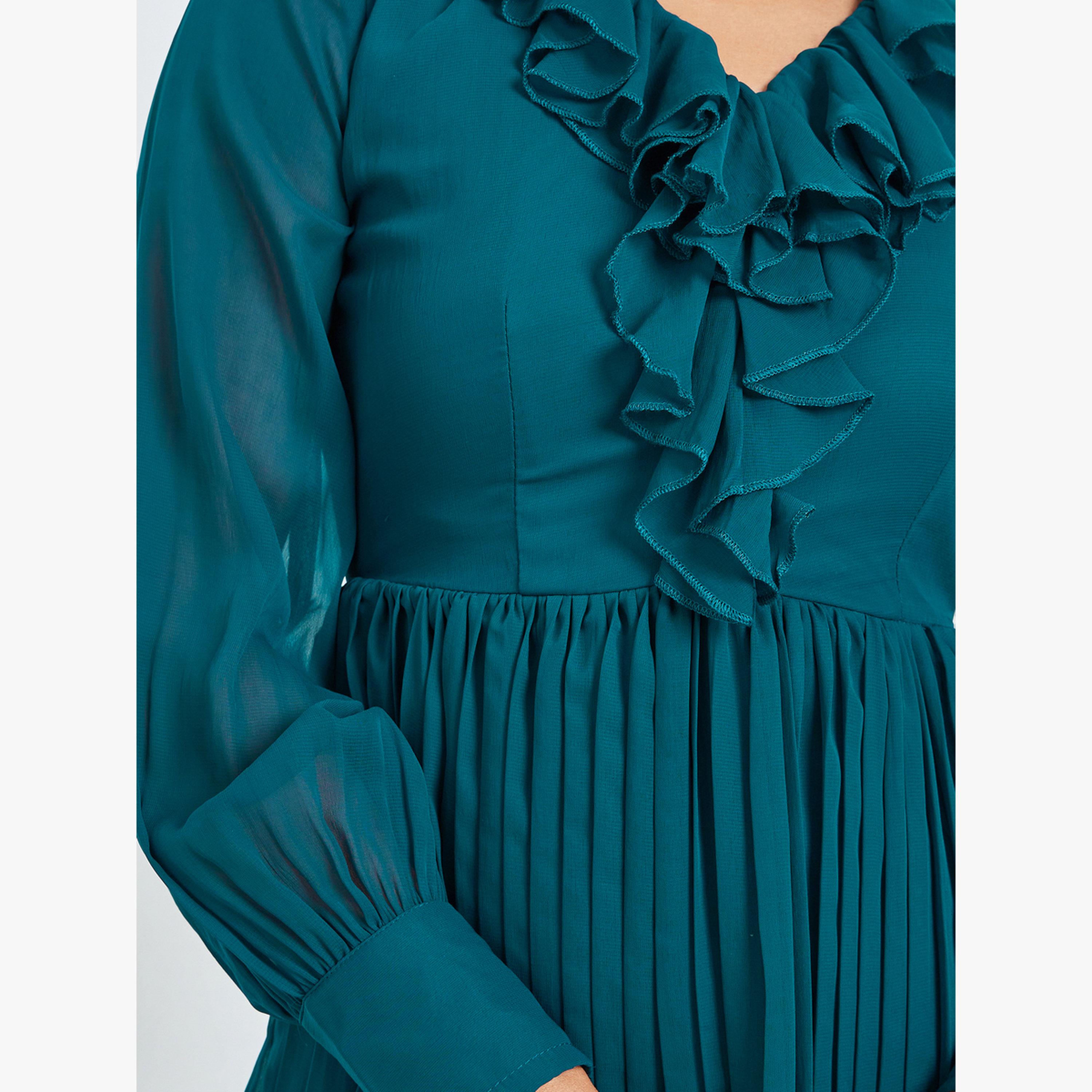 Styli Teal Pleated Midi Dress with Ruffle Detail-women-clothing-dresses-image-5