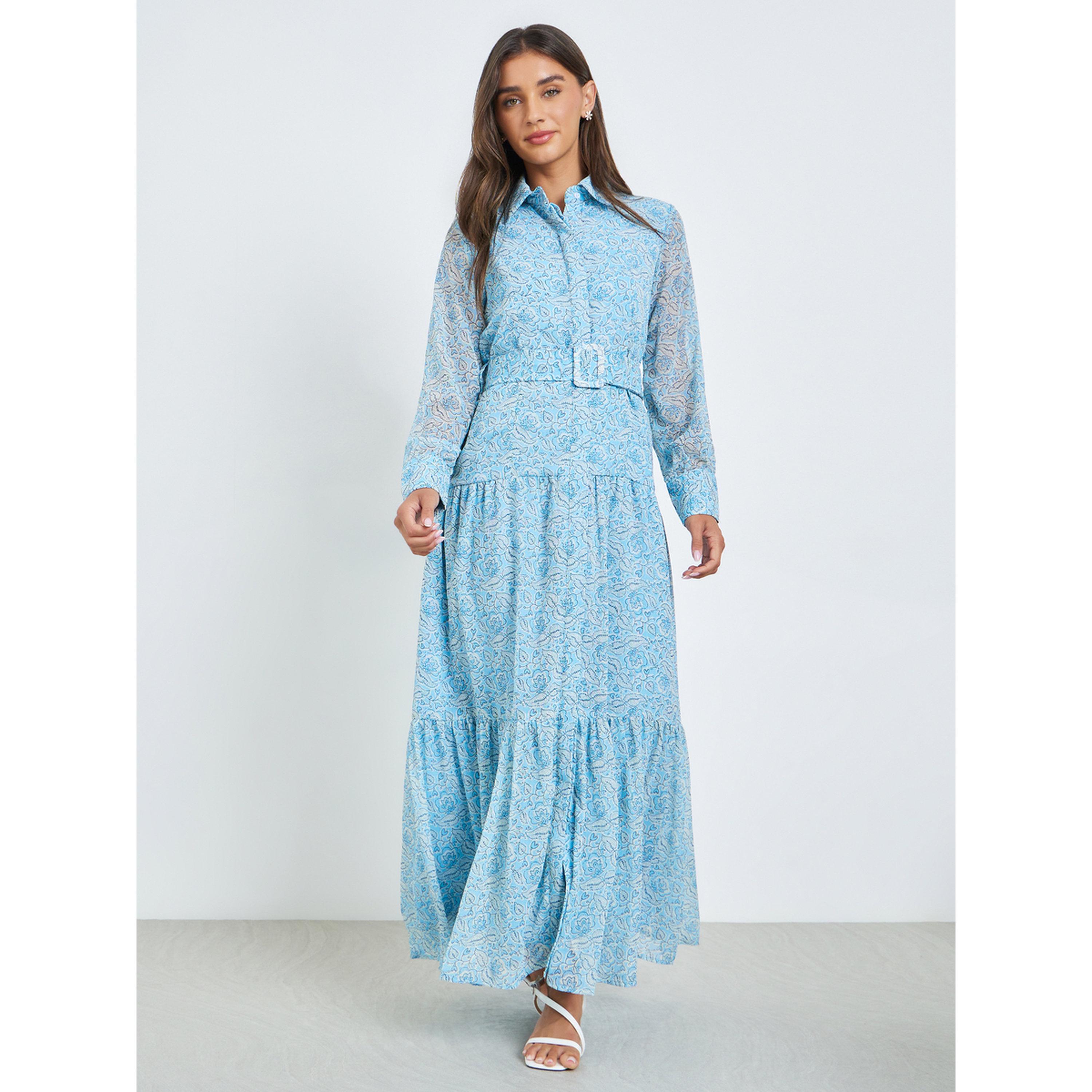 Styli Blue All Over Print Maxi Dress with Belt-women-clothing-dresses-image-1