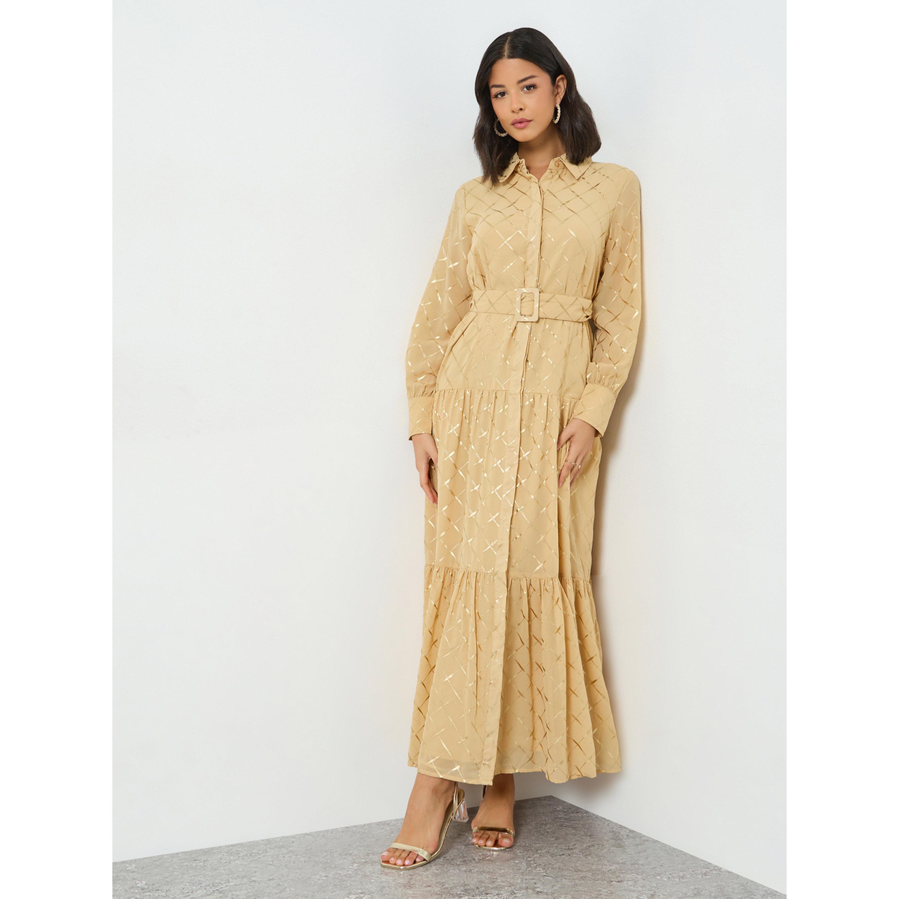 Styli Beige Foil Print Belted Maxi Dress-women-clothing-dresses-image-2