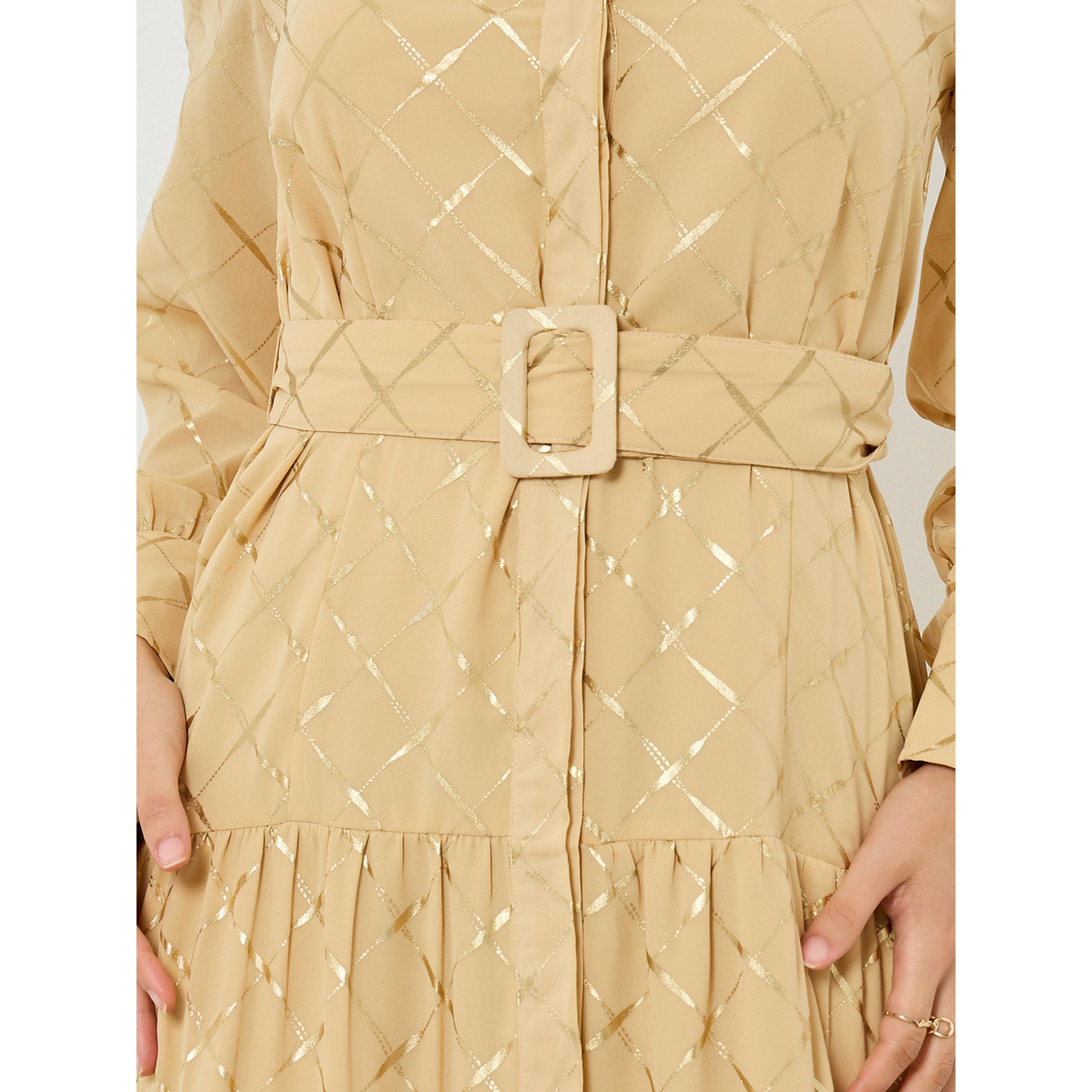 Styli Beige Foil Print Belted Maxi Dress-women-clothing-dresses-image-5