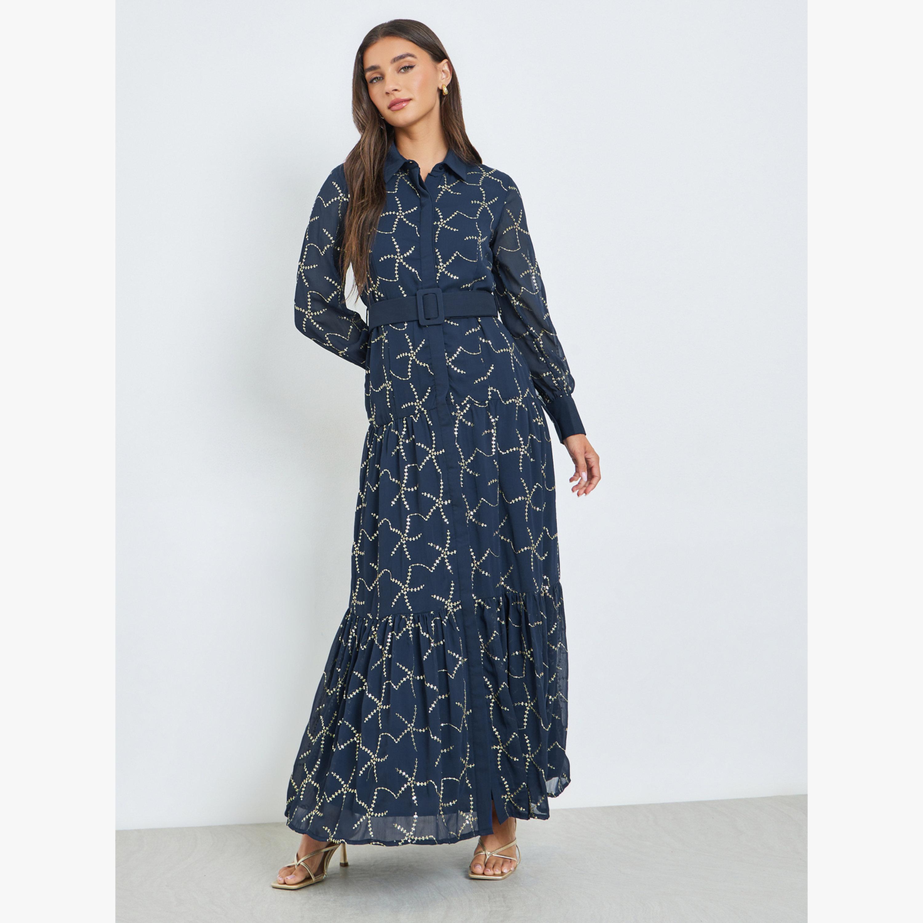 Styli Blue Sequined Belted Maxi Dress-women-clothing-dresses-image-1