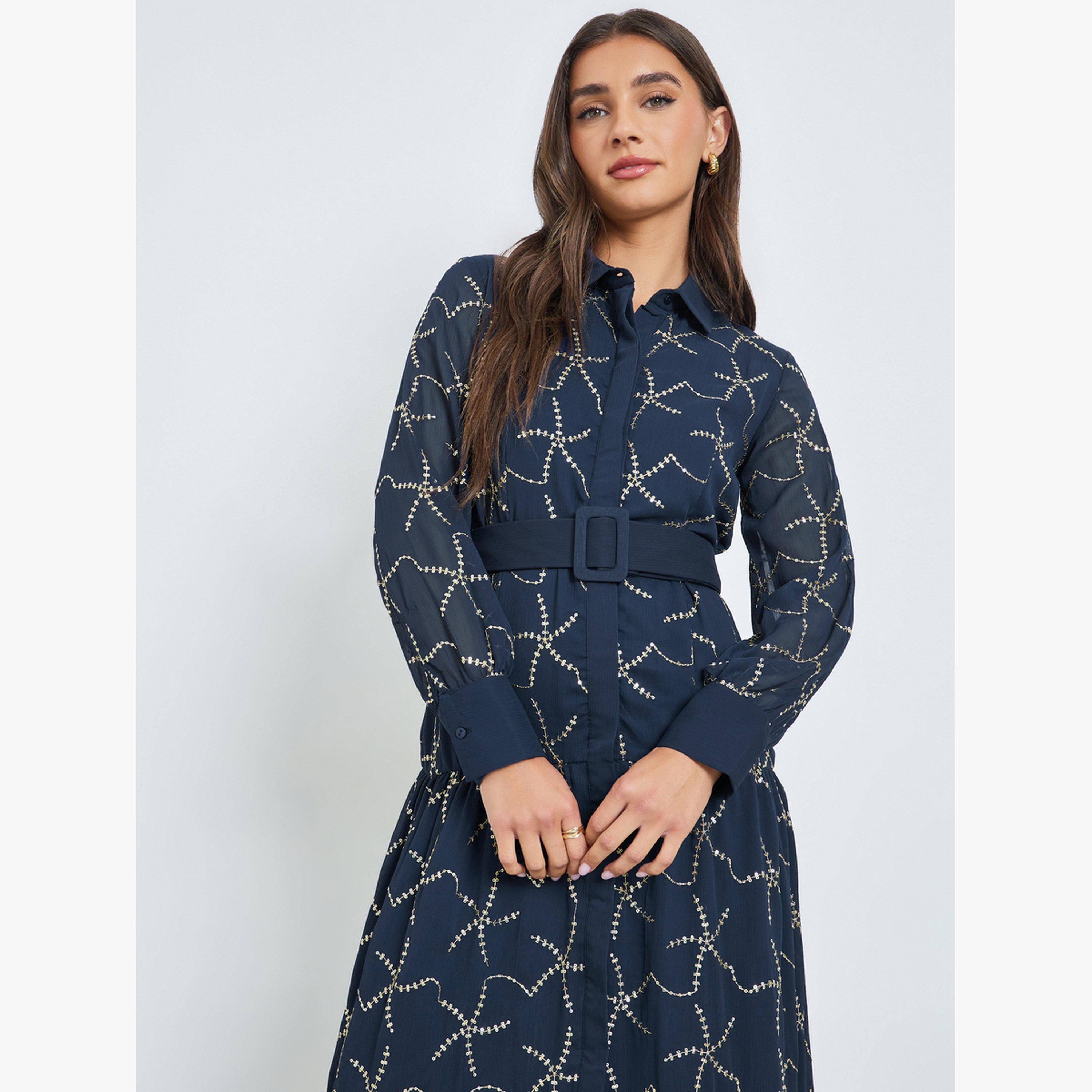 Styli Blue Sequined Belted Maxi Dress-women-clothing-dresses-image-2