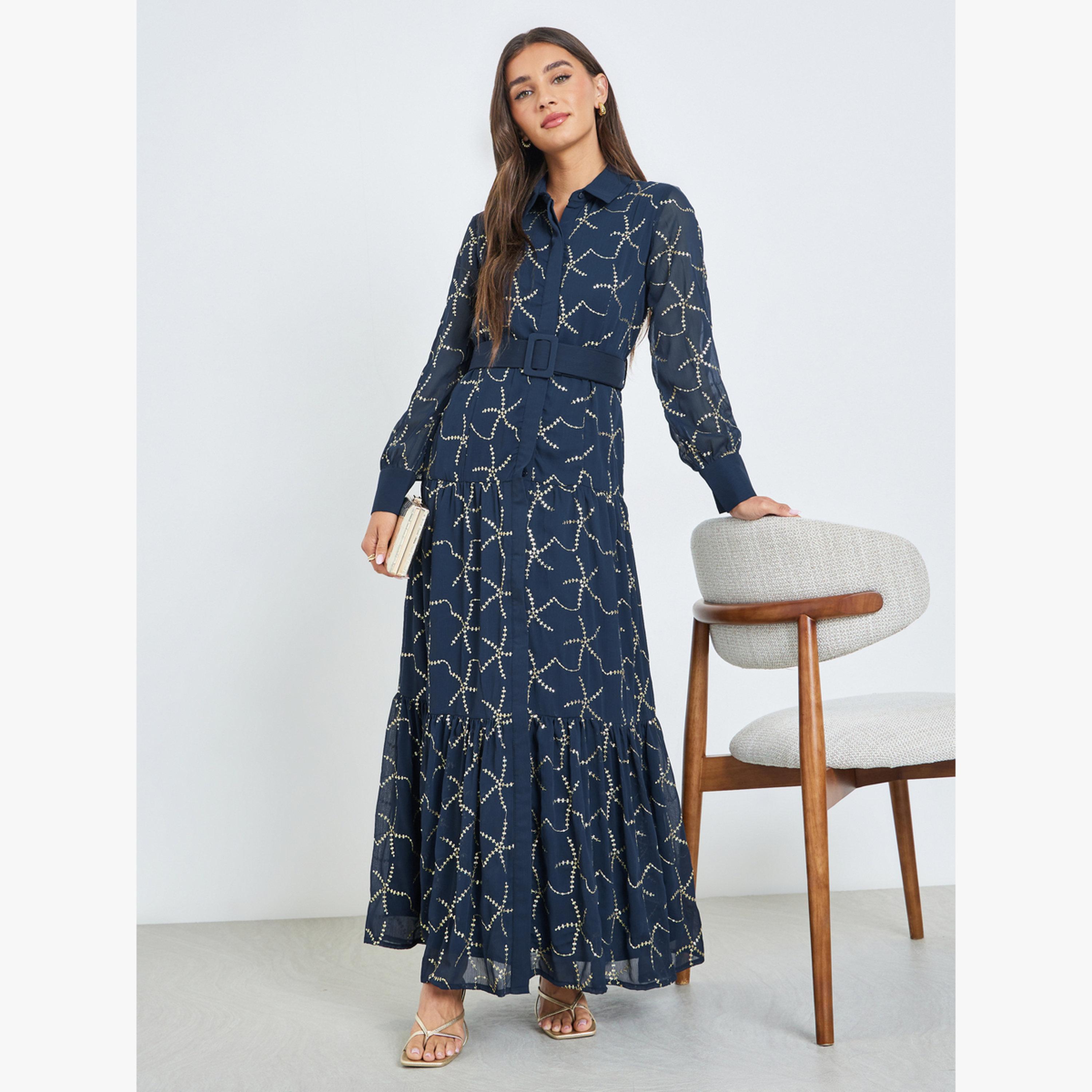 Styli Blue Sequined Belted Maxi Dress-women-clothing-dresses-image-3