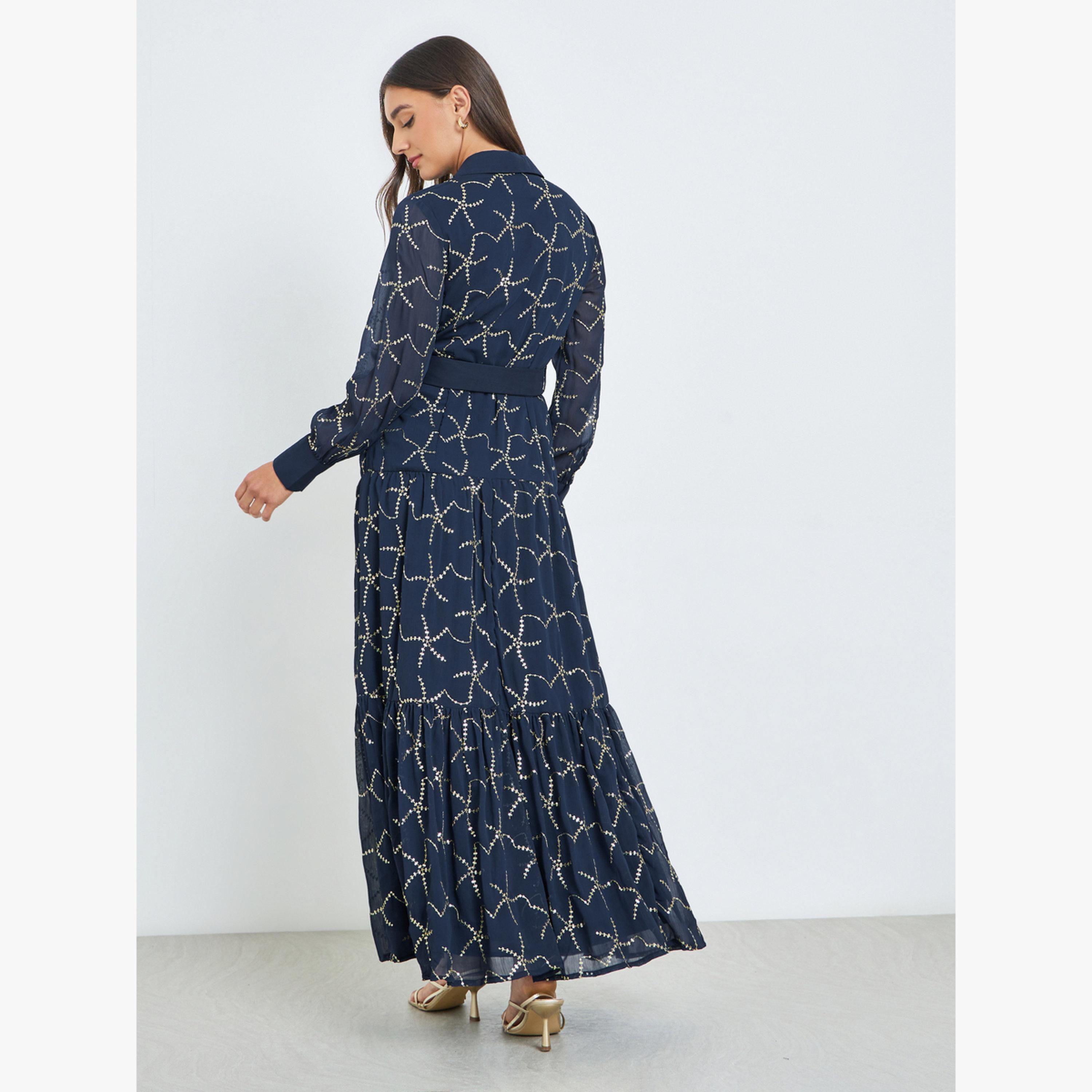 Styli Blue Sequined Belted Maxi Dress-women-clothing-dresses-image-4