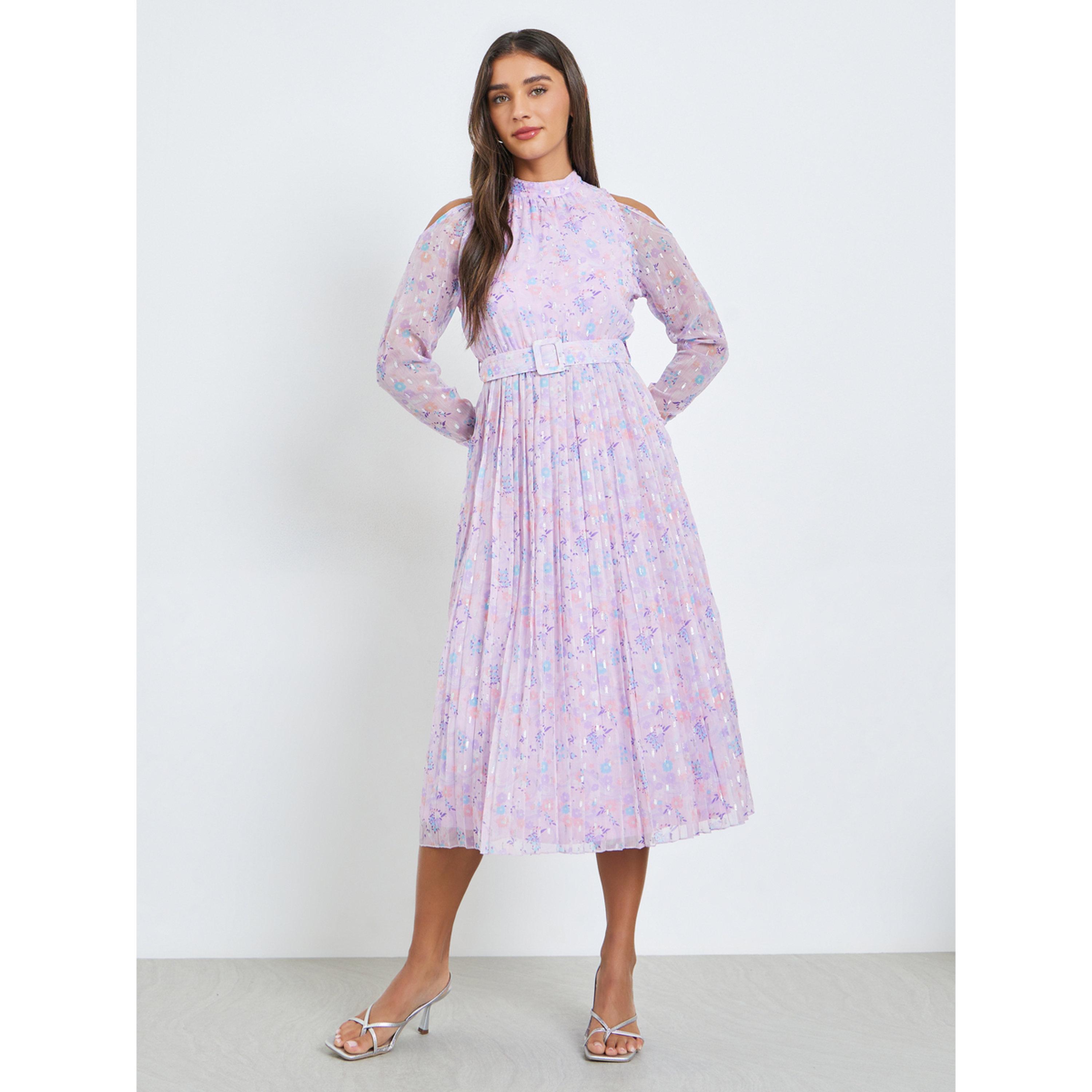 Styli Lilac Chiffon Dobby Pleated Mid Dress-women-clothing-dresses-image-1