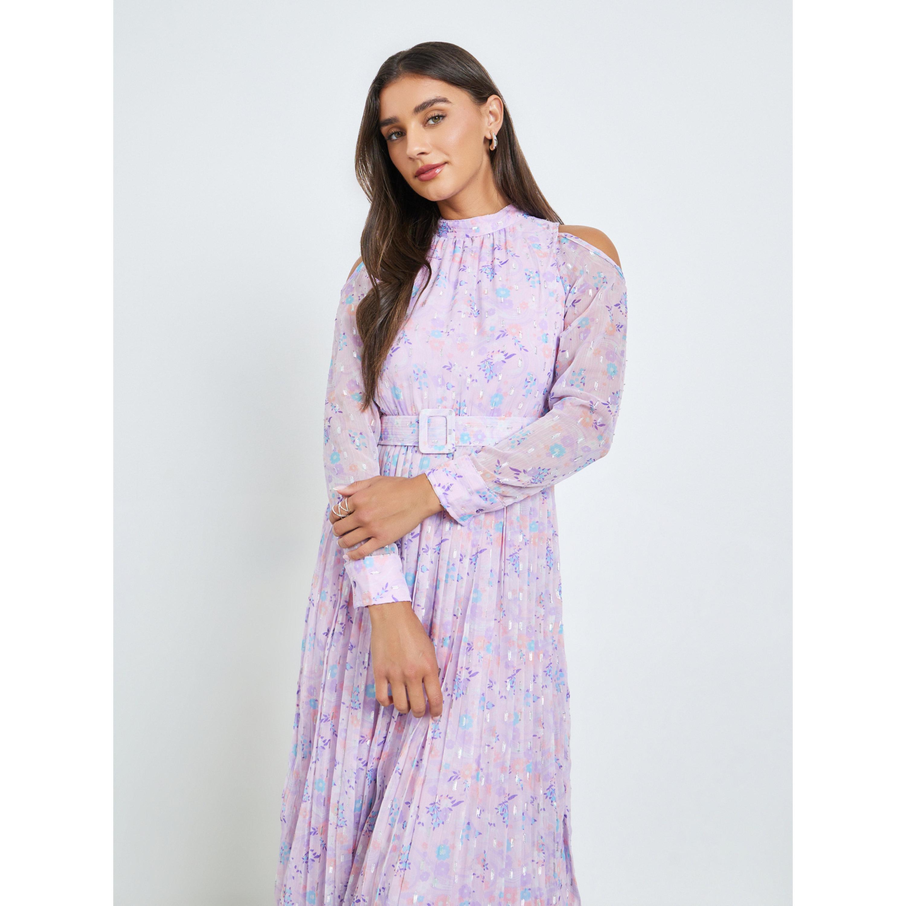 Styli Lilac Chiffon Dobby Pleated Mid Dress-women-clothing-dresses-image-2