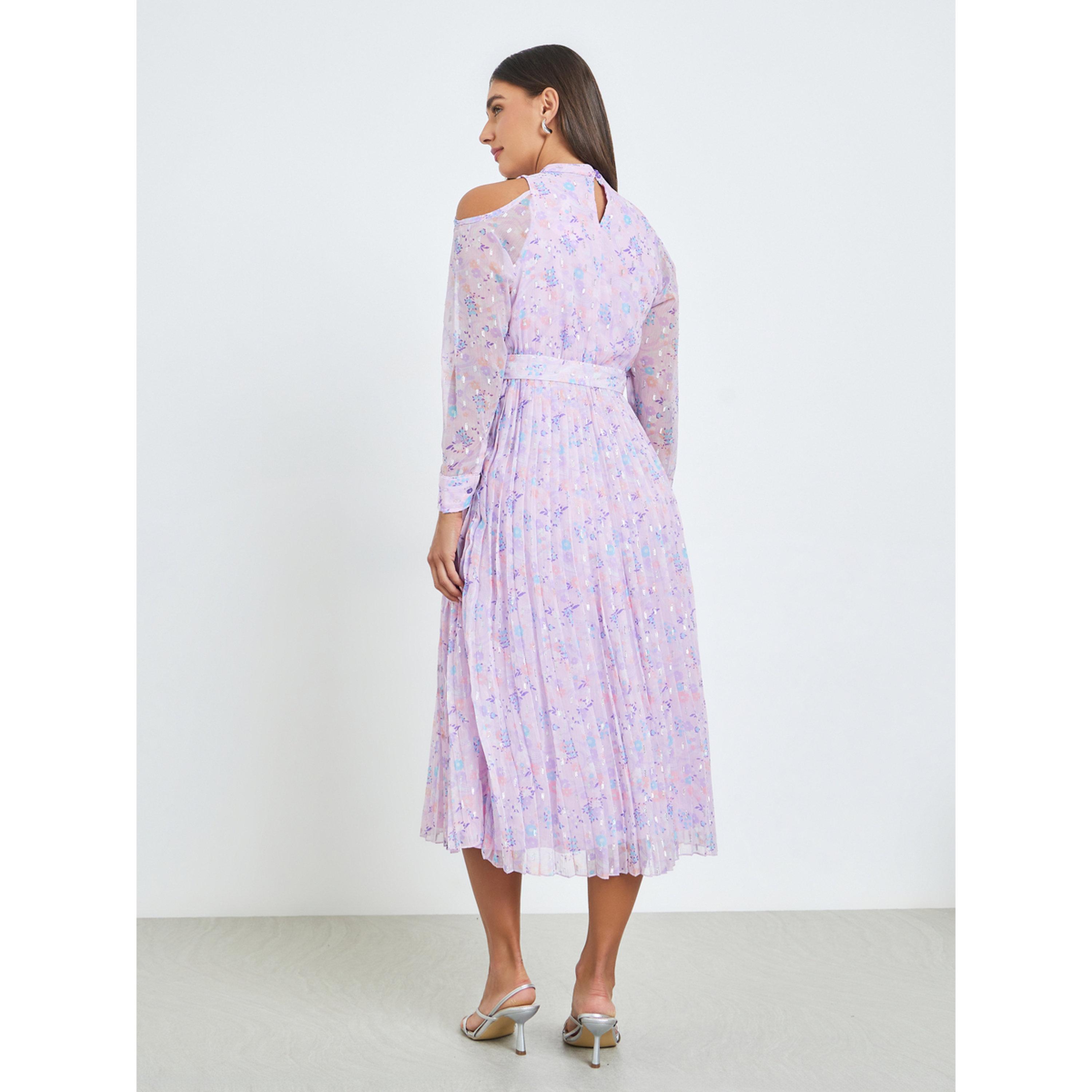 Styli Lilac Chiffon Dobby Pleated Mid Dress-women-clothing-dresses-image-4