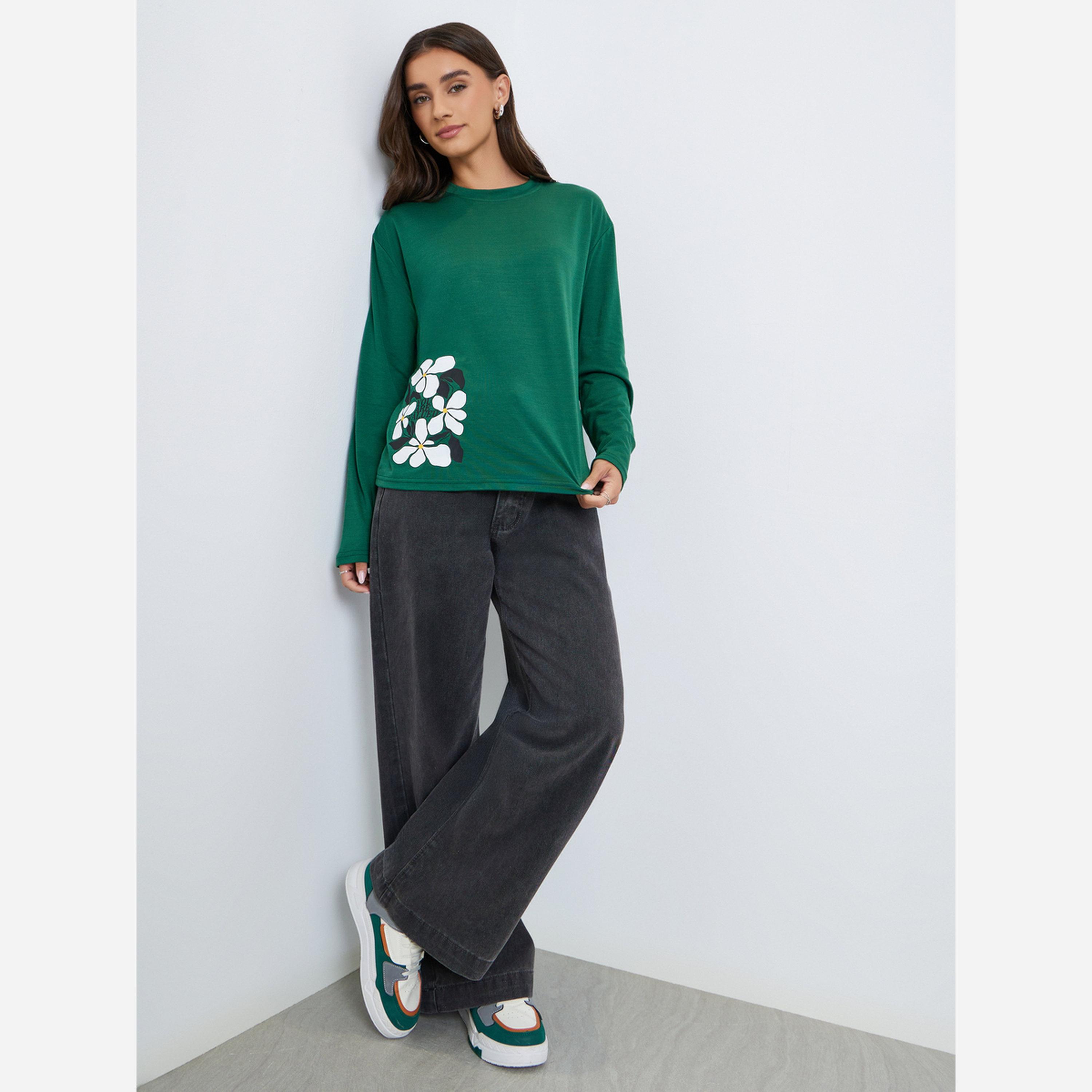 ستايلي - تيشيرت نسائي أكمام طويلة طبعة زهور-women-clothing-tshirts-image-2