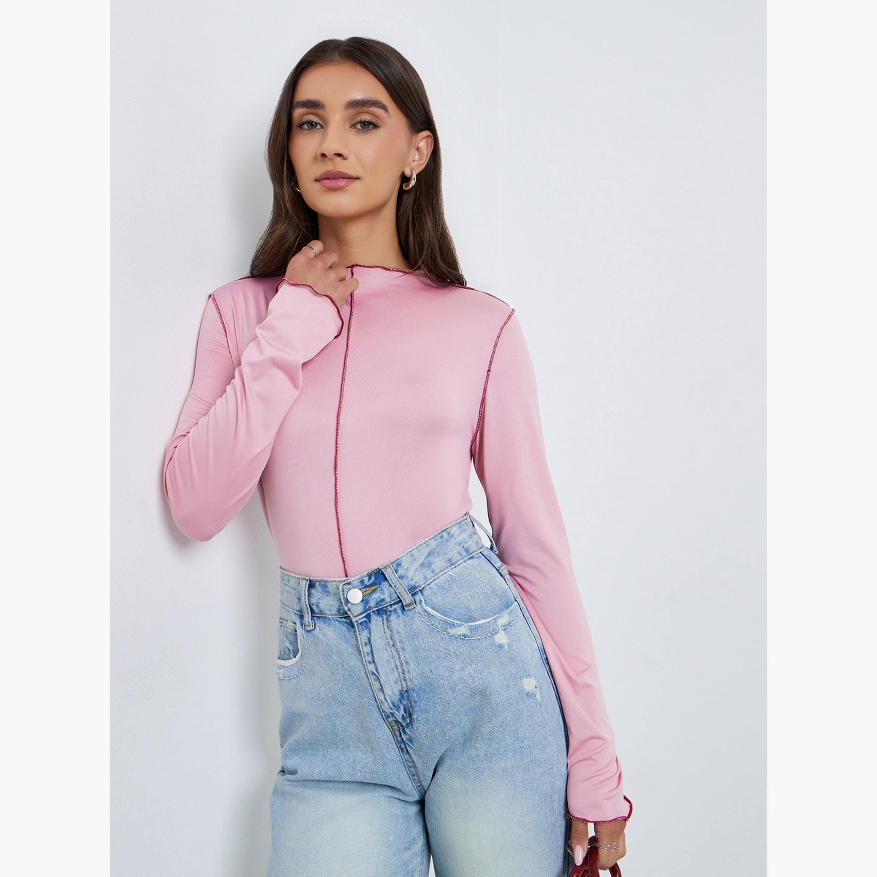 تيشيرت بأكمام طويلة وتفاصيل درزات علوية-women-clothing-tshirts-image-3