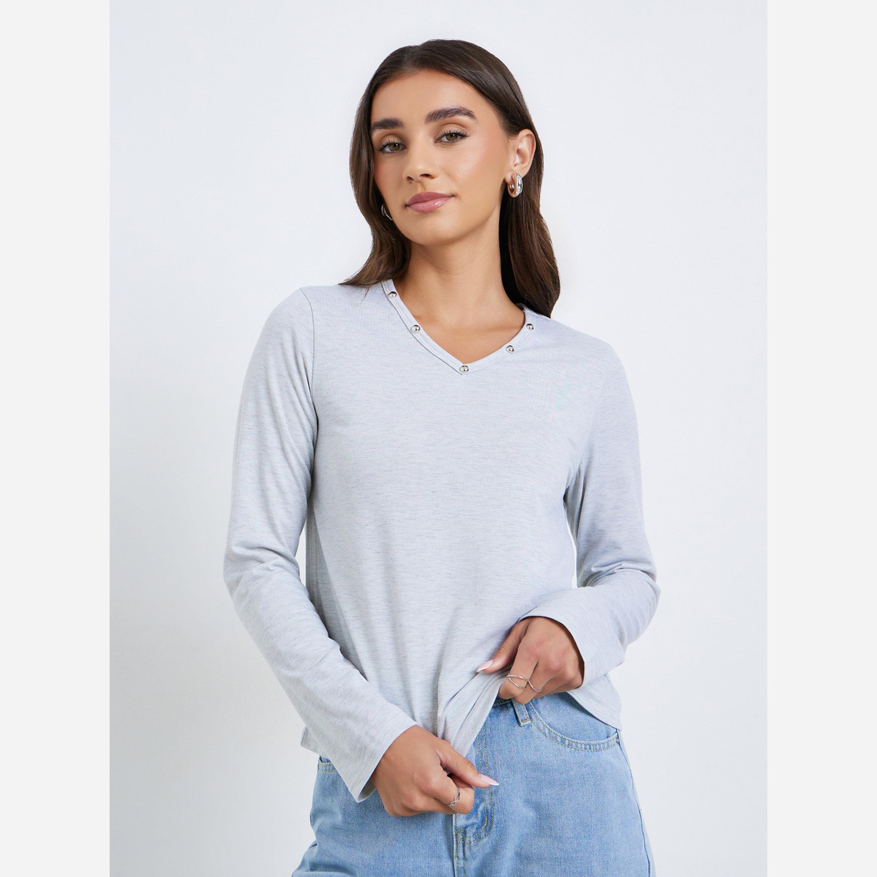 ستايلي - تيشيرت نسائي ياقة شكل سبعة وتفاصيل أزرار-women-clothing-tshirts-image-1