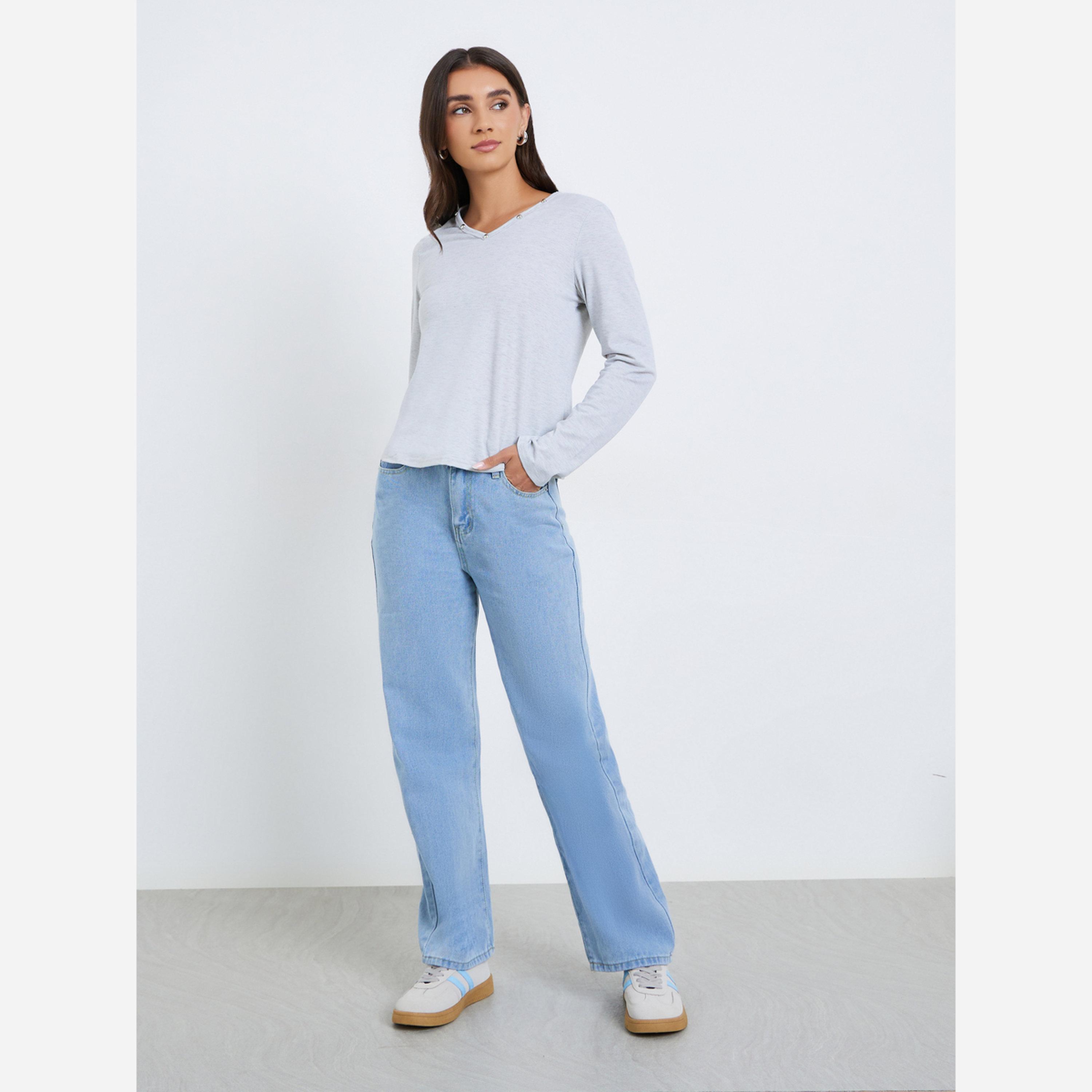 ستايلي - تيشيرت نسائي ياقة شكل سبعة وتفاصيل أزرار-women-clothing-tshirts-image-2
