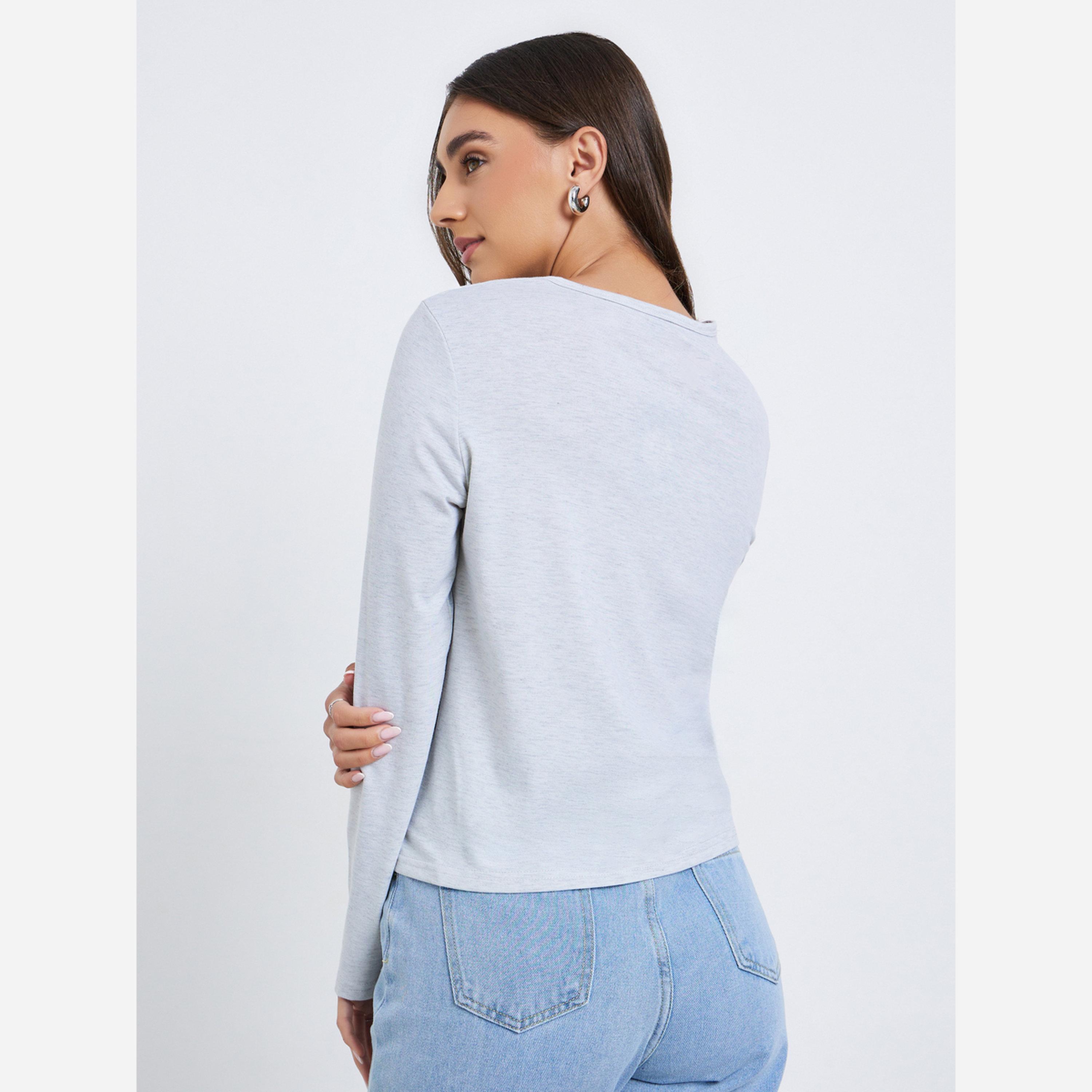 Styli Women V Neck T-Shirt with Button Detail-women-clothing-tshirts-image-4