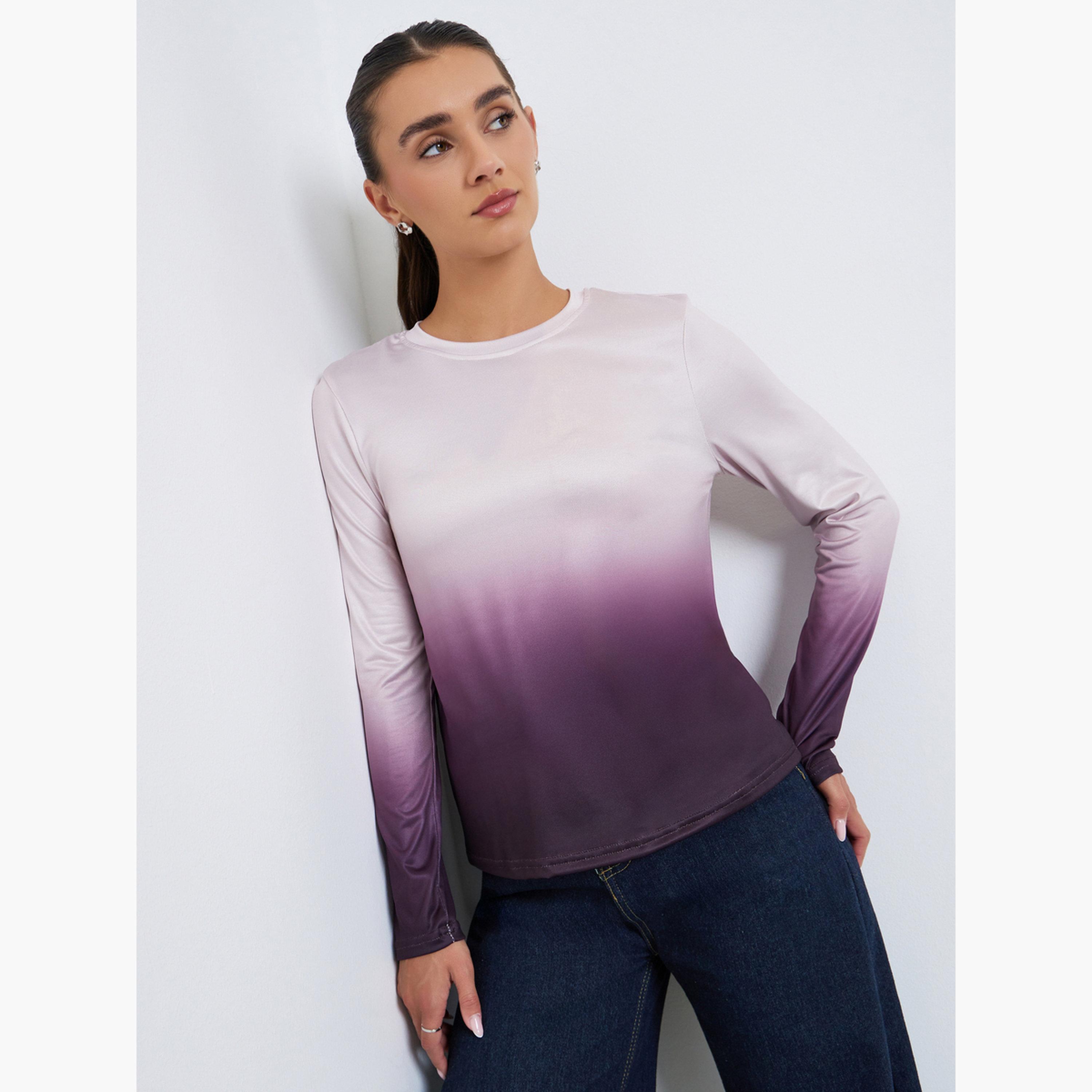 تيشيرت بأكمام طويلة بمظهر أومبري-women-clothing-tshirts-image-1