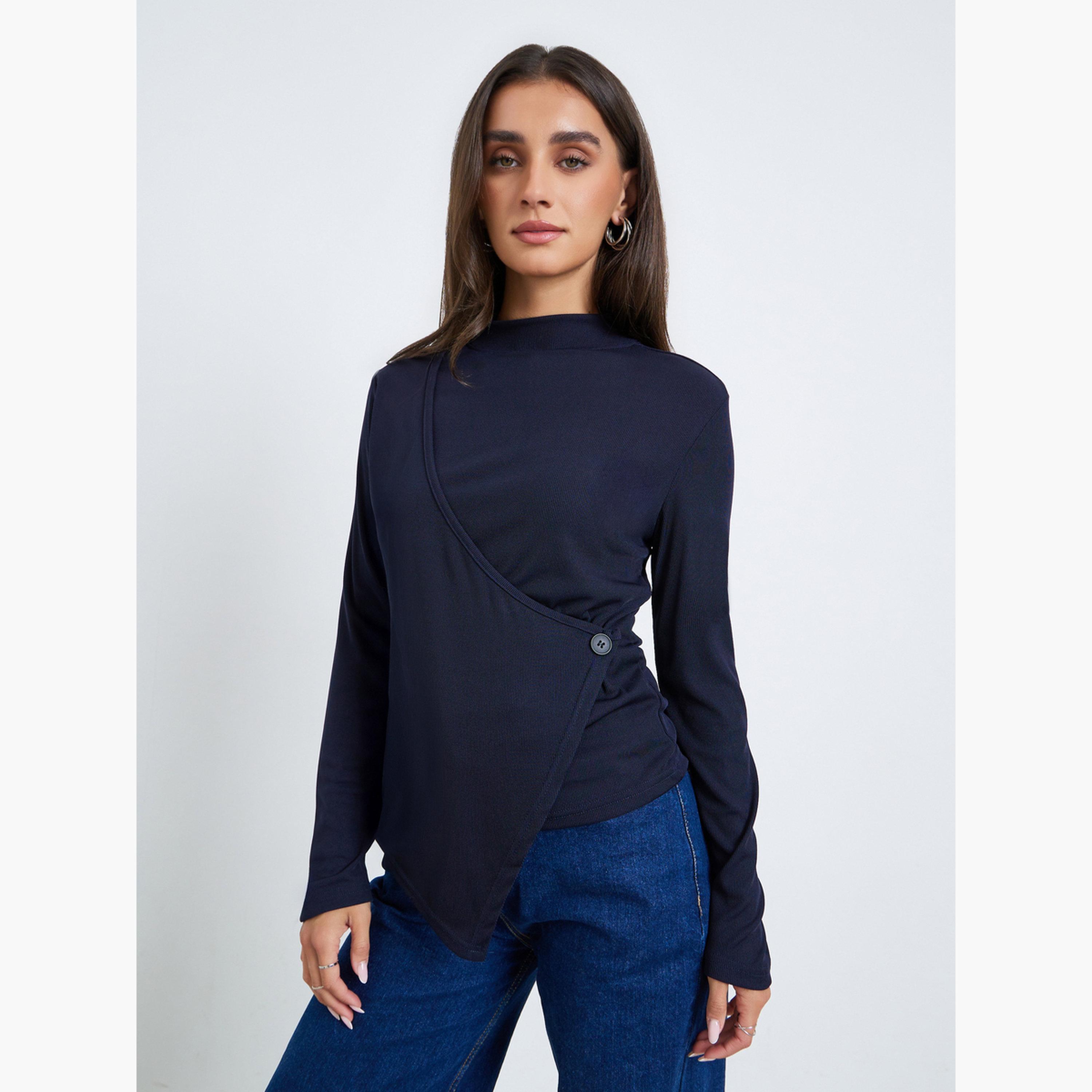 Styli Women Navy Blue Long-Sleeve Wrap Top-women-clothing-shirtsandblouses-blouses-image-1
