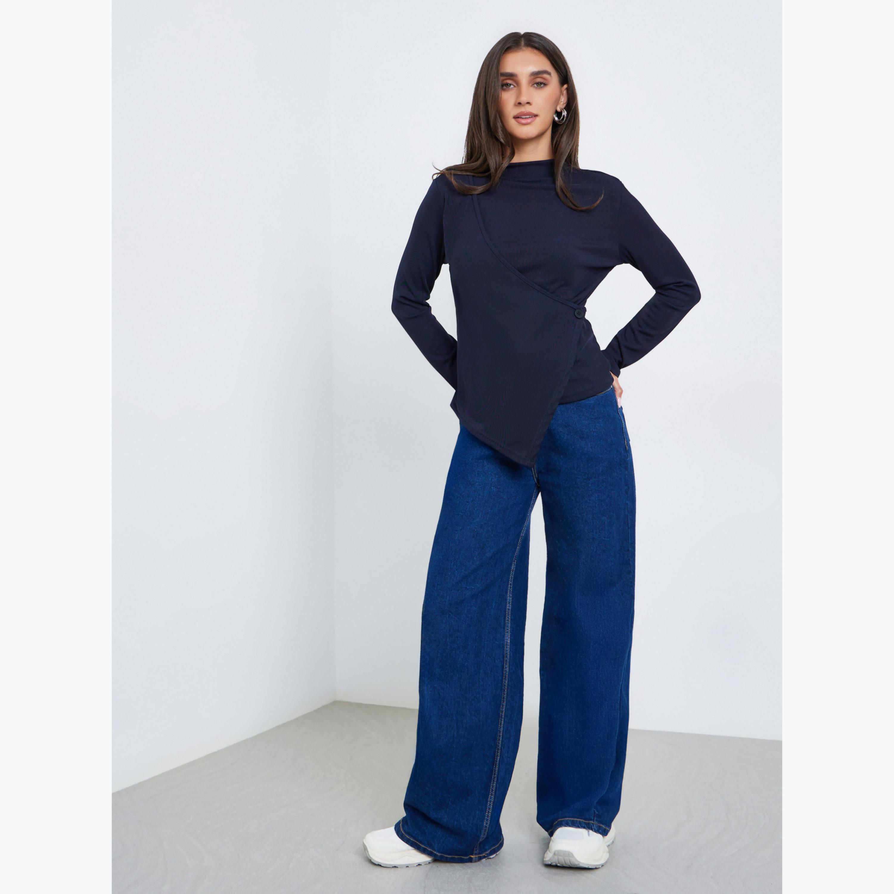 Styli Women Navy Blue Long-Sleeve Wrap Top-women-clothing-shirtsandblouses-blouses-image-2