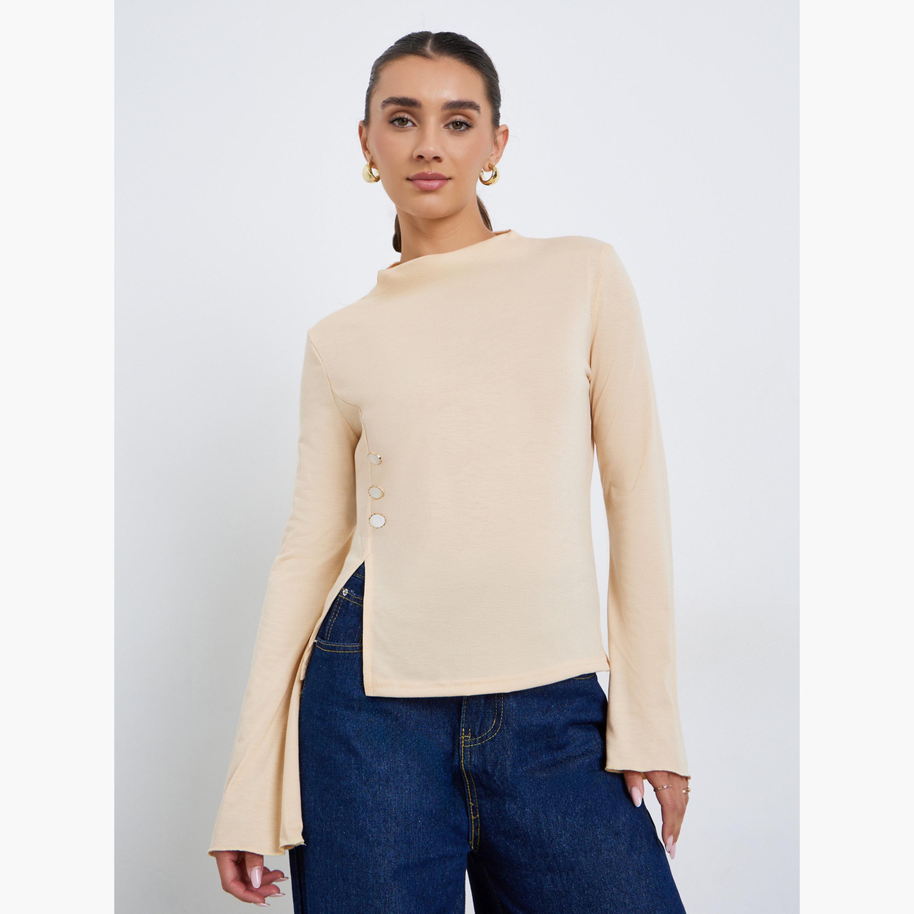 تيشيرت بحافة مشقوقة وتفاصيل أزرار-women-clothing-shirtsandblouses-blouses-image-1